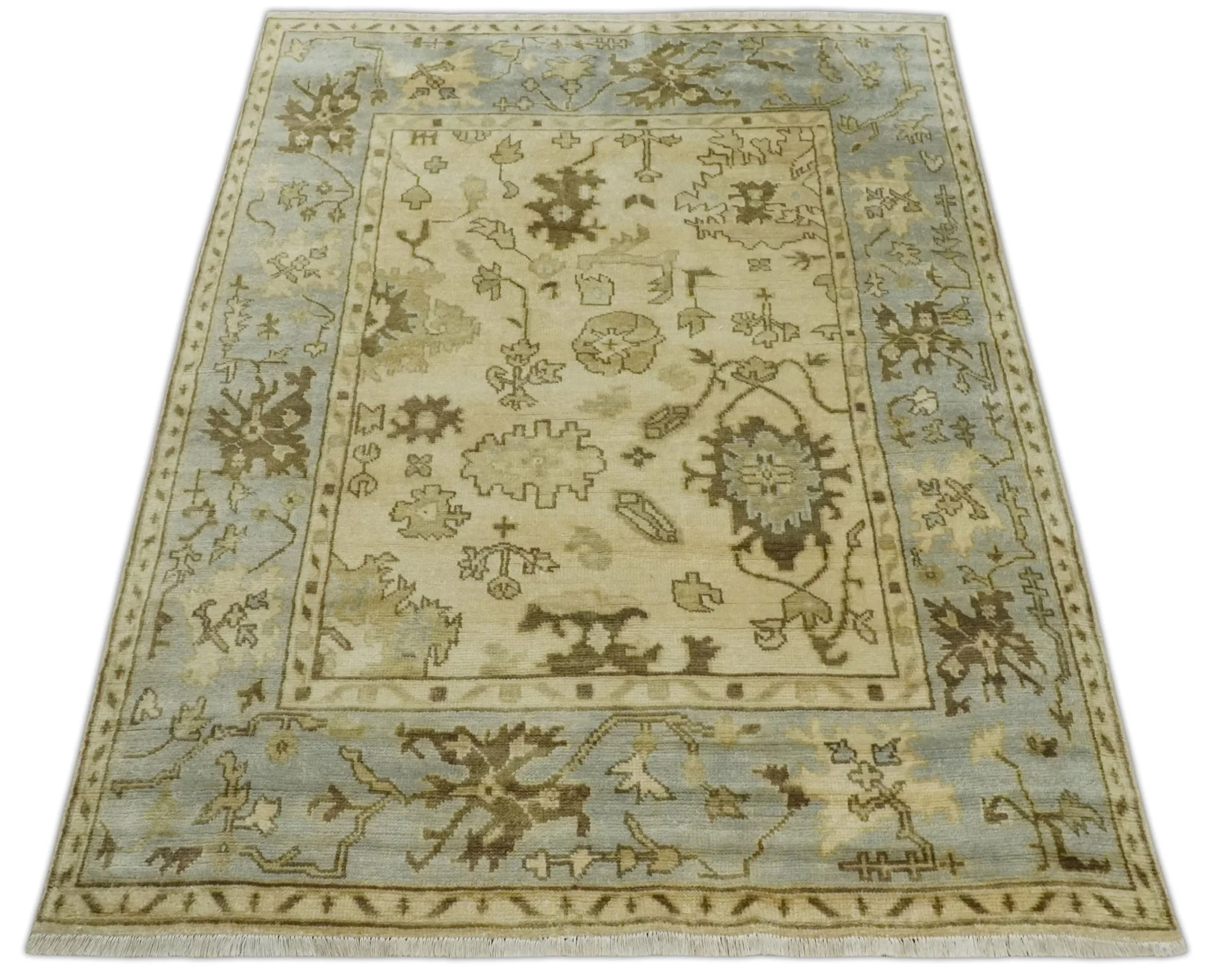 5x7 Hand Knotted Beige, Silver and Brown Traditional oushak Wool Area Rug | N34157 - Image 10