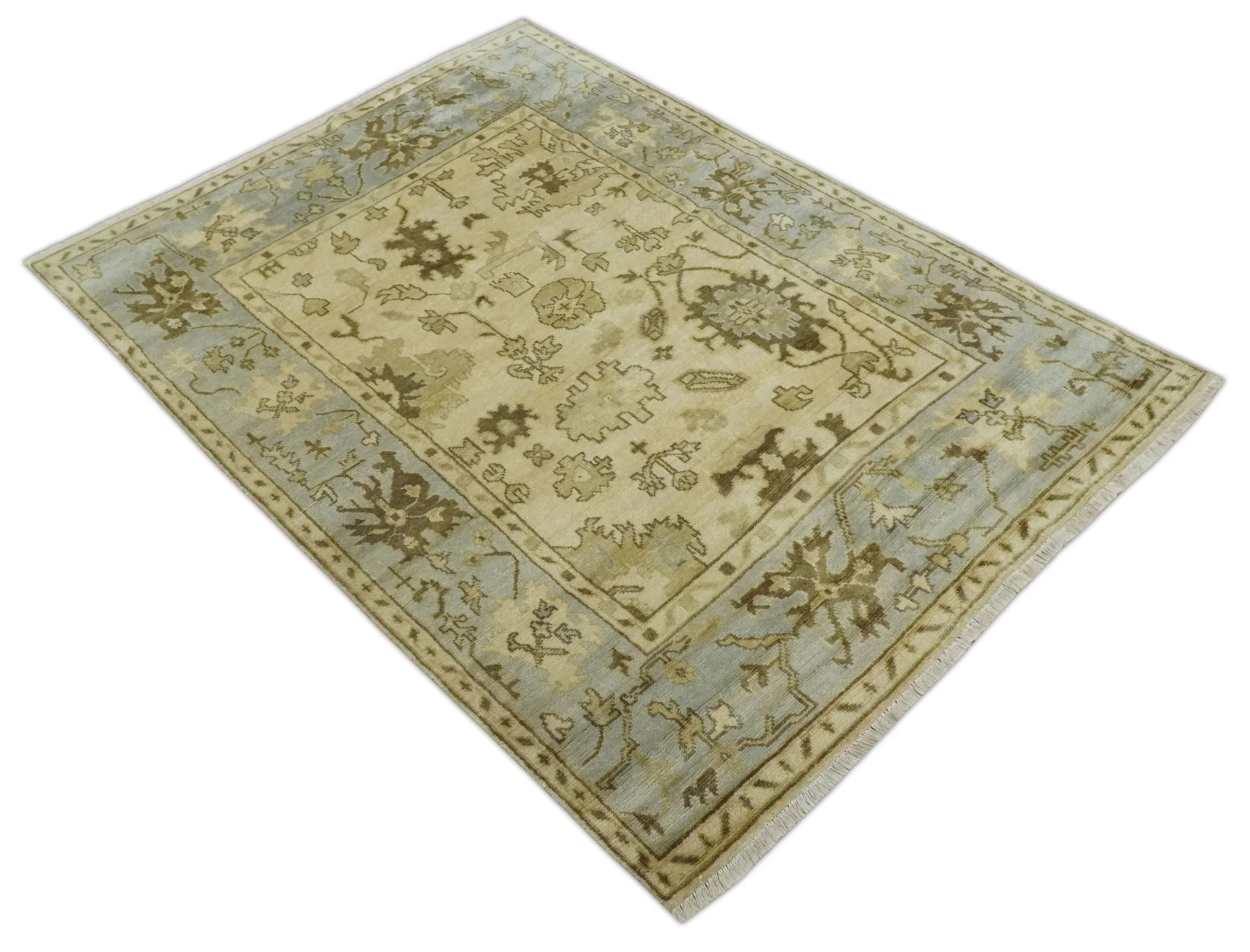 5x7 Hand Knotted Beige, Silver and Brown Traditional oushak Wool Area Rug | N34157 - Image 9