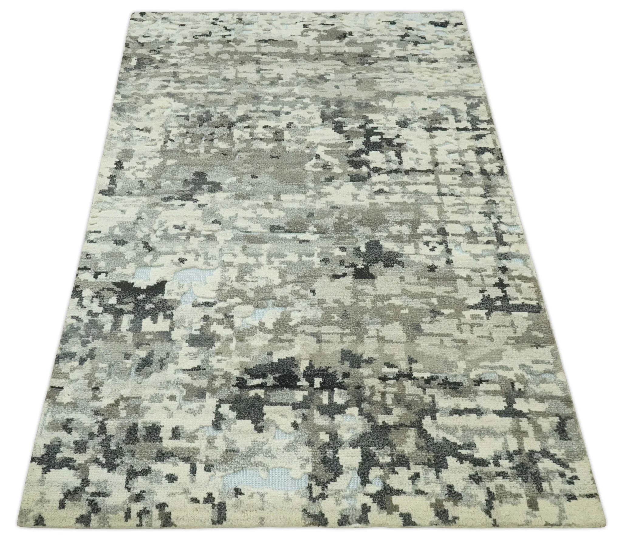 5x8 hand knotted Modern Abstract Beige, Silver, Taupe and Charcoal wool Area Rug - Image 10