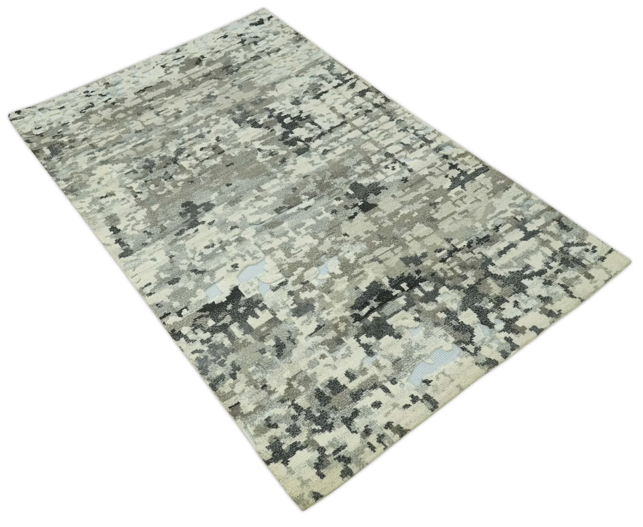 5x8 hand knotted Modern Abstract Beige, Silver, Taupe and Charcoal wool Area Rug - Image 9