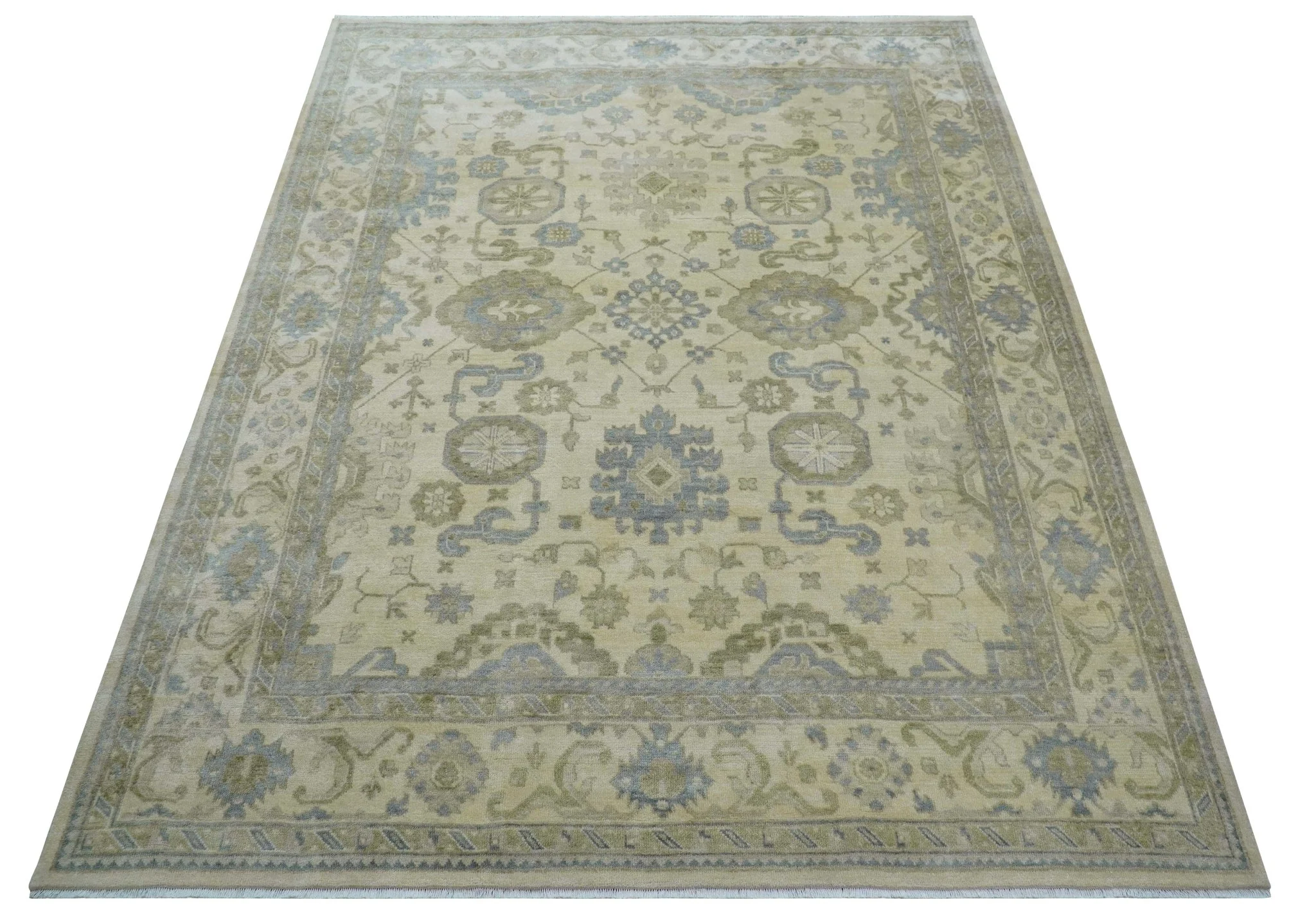 Hand Knotted Beige Traditional Oushak Design 9x12 Wool Rug - Image 4