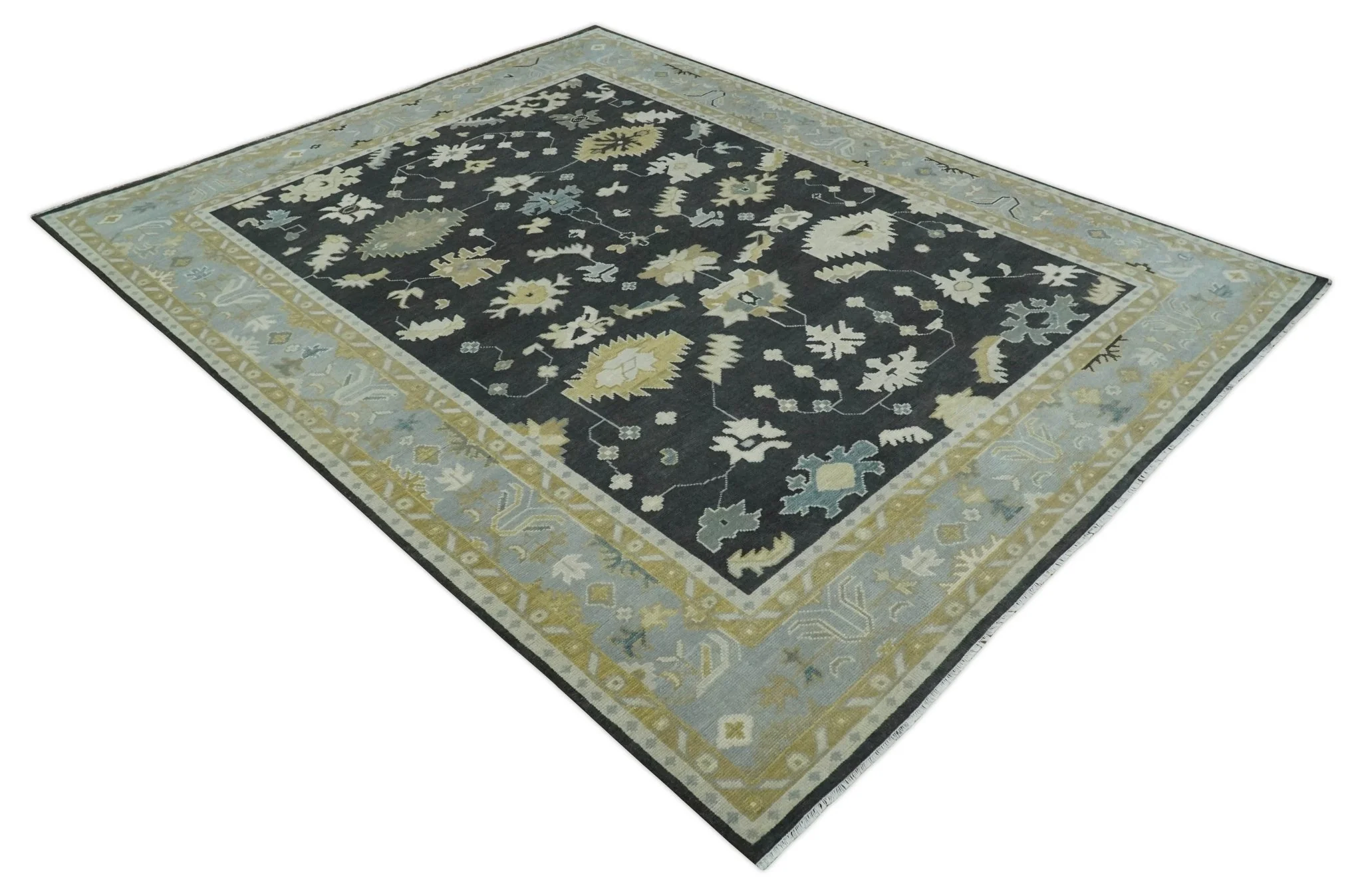 8x10, 9x12, 10x14 and 12x15 Hand Knotted Black, Beige and Silver Traditional Oushak Wool Rug - Image 9