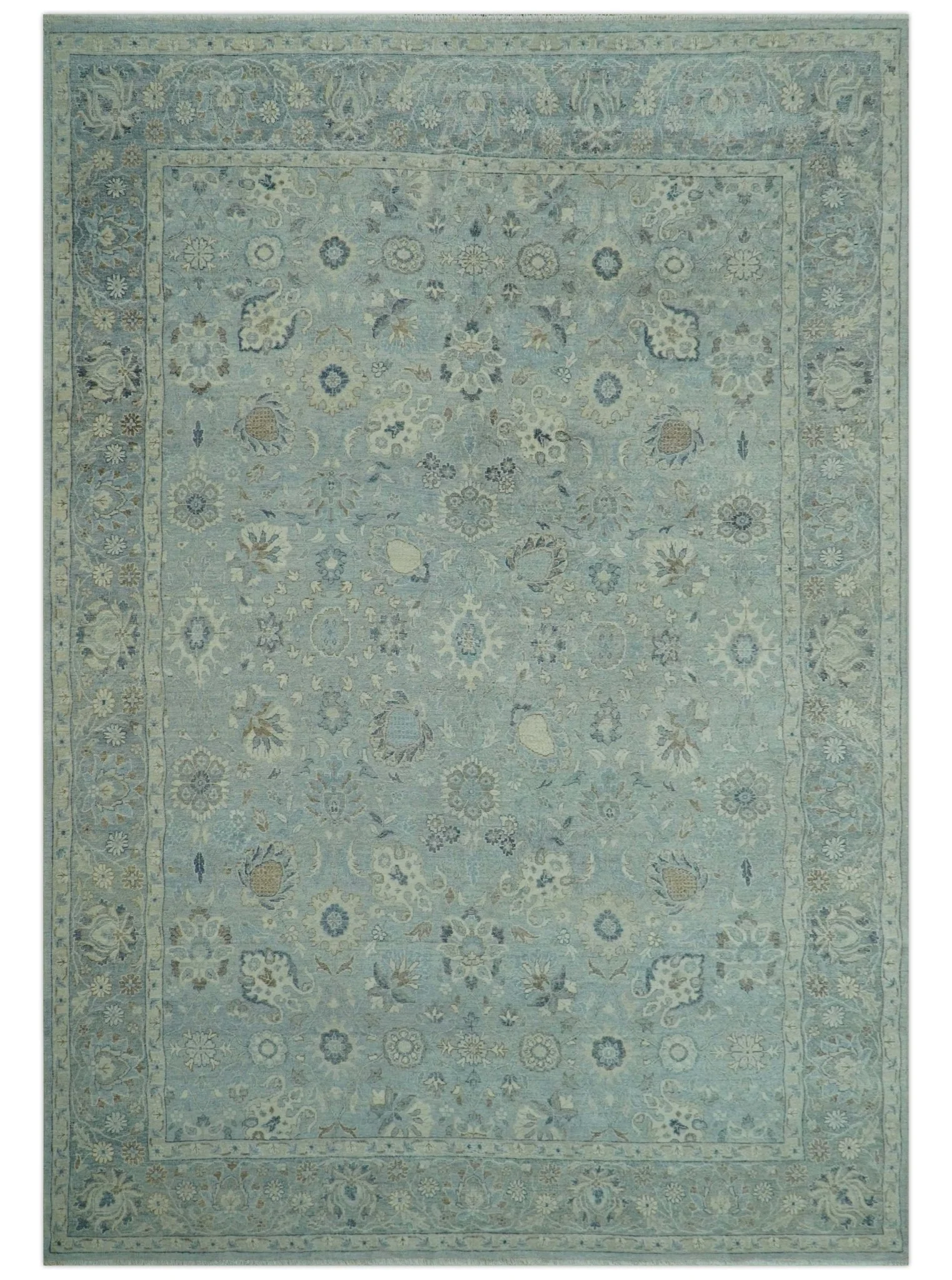 Distressed Hand Knotted Blue And Beige Traditional Design 9x13 Wool Area Rug - Image 10