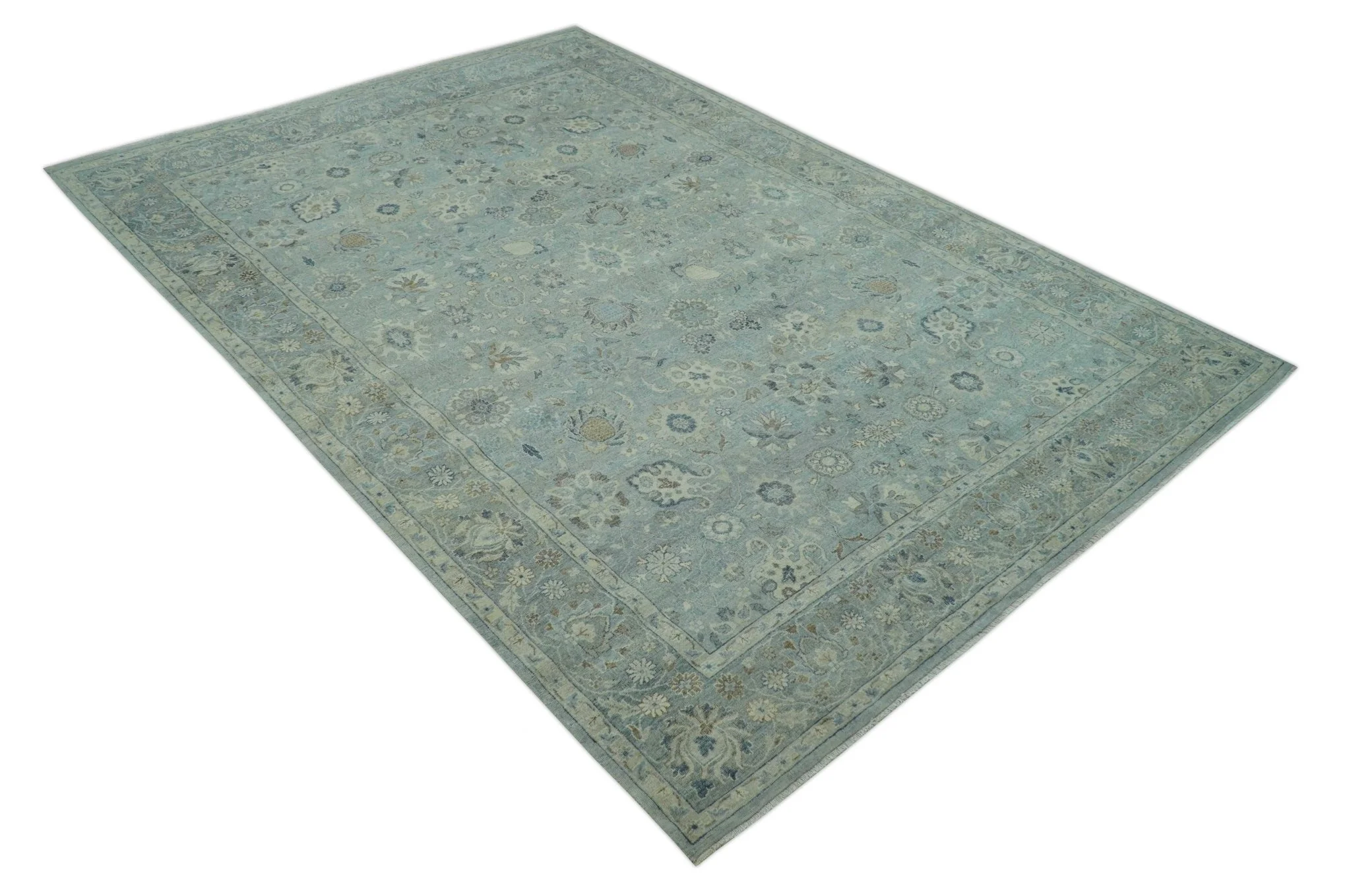 Distressed Hand Knotted Blue And Beige Traditional Design 9x13 Wool Area Rug - Image 11