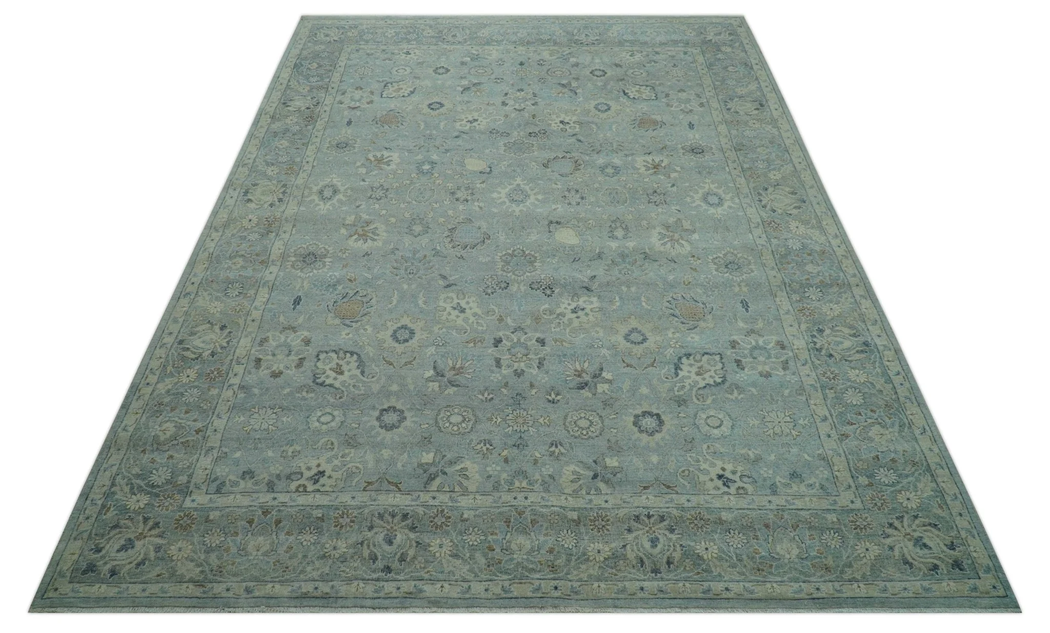 Distressed Hand Knotted Blue And Beige Traditional Design 9x13 Wool Area Rug - Image 12