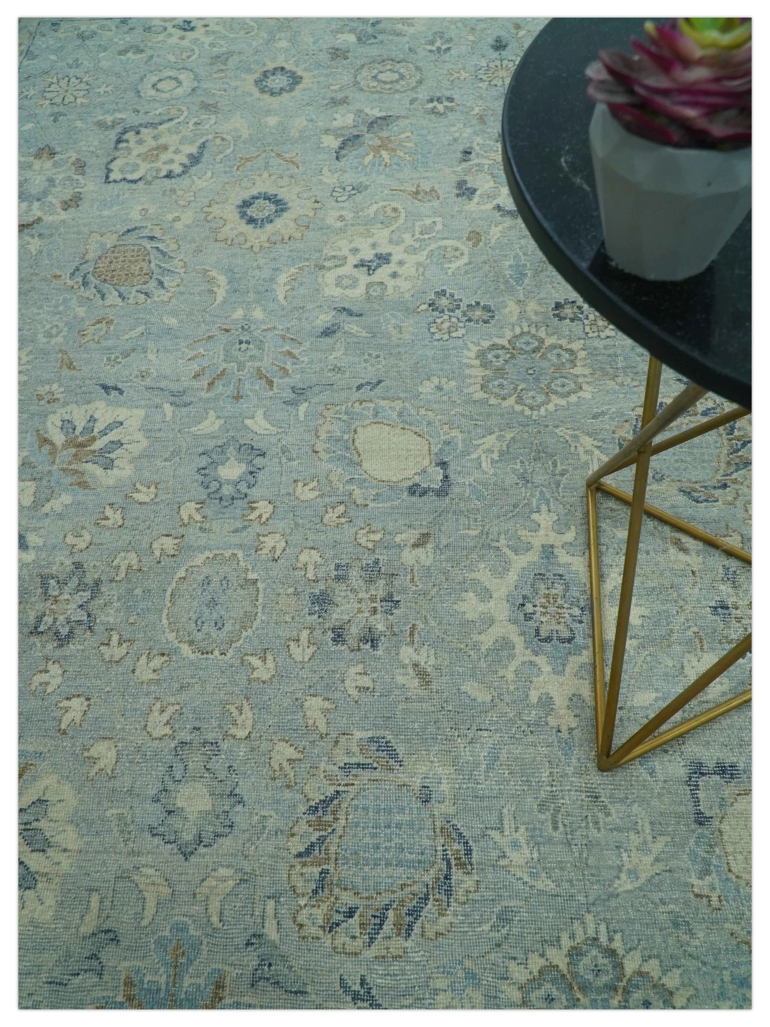 Distressed Hand Knotted Blue And Beige Traditional Design 9x13 Wool Area Rug - Image 3