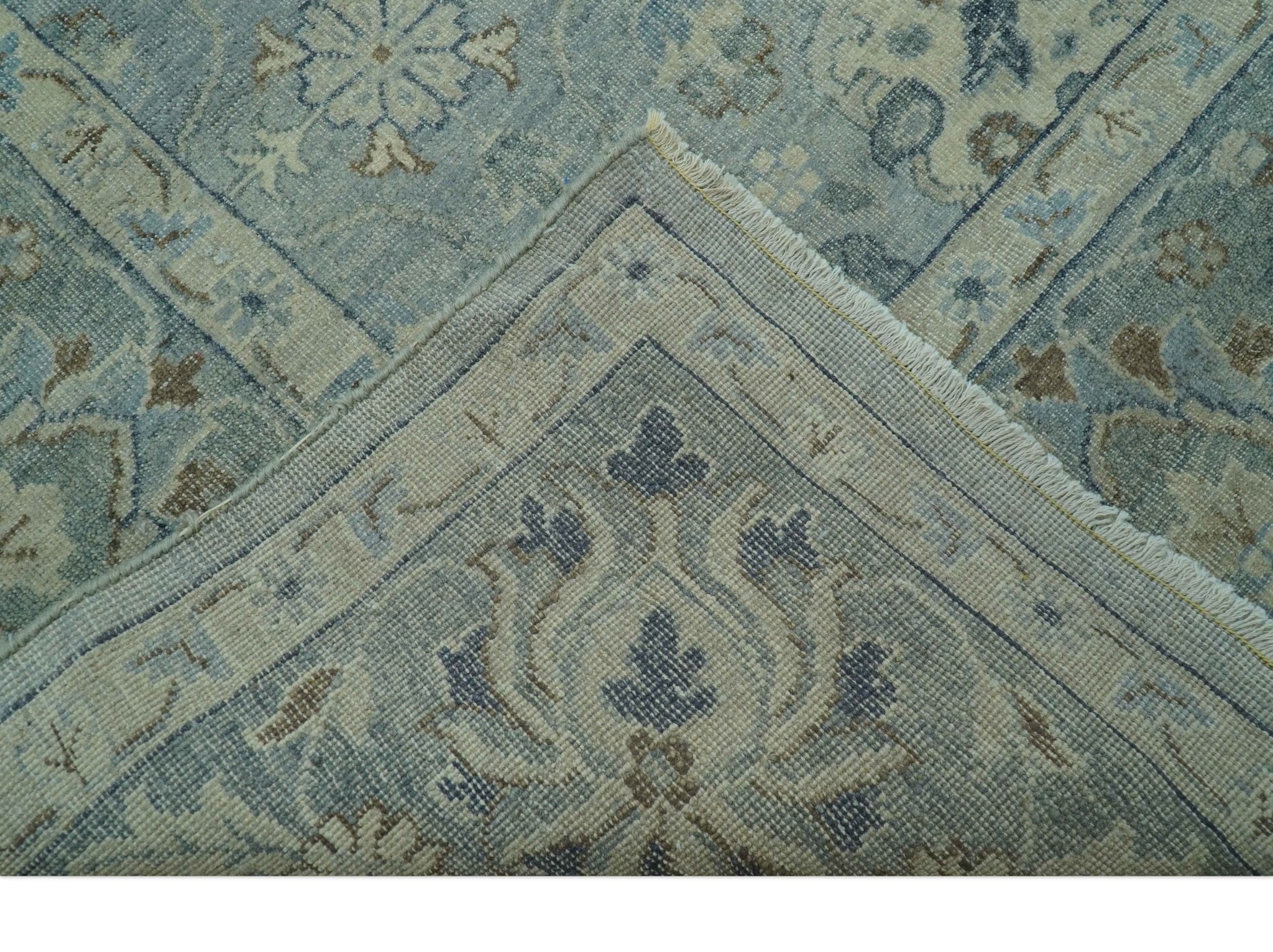 Distressed Hand Knotted Blue And Beige Traditional Design 9x13 Wool Area Rug - Image 6