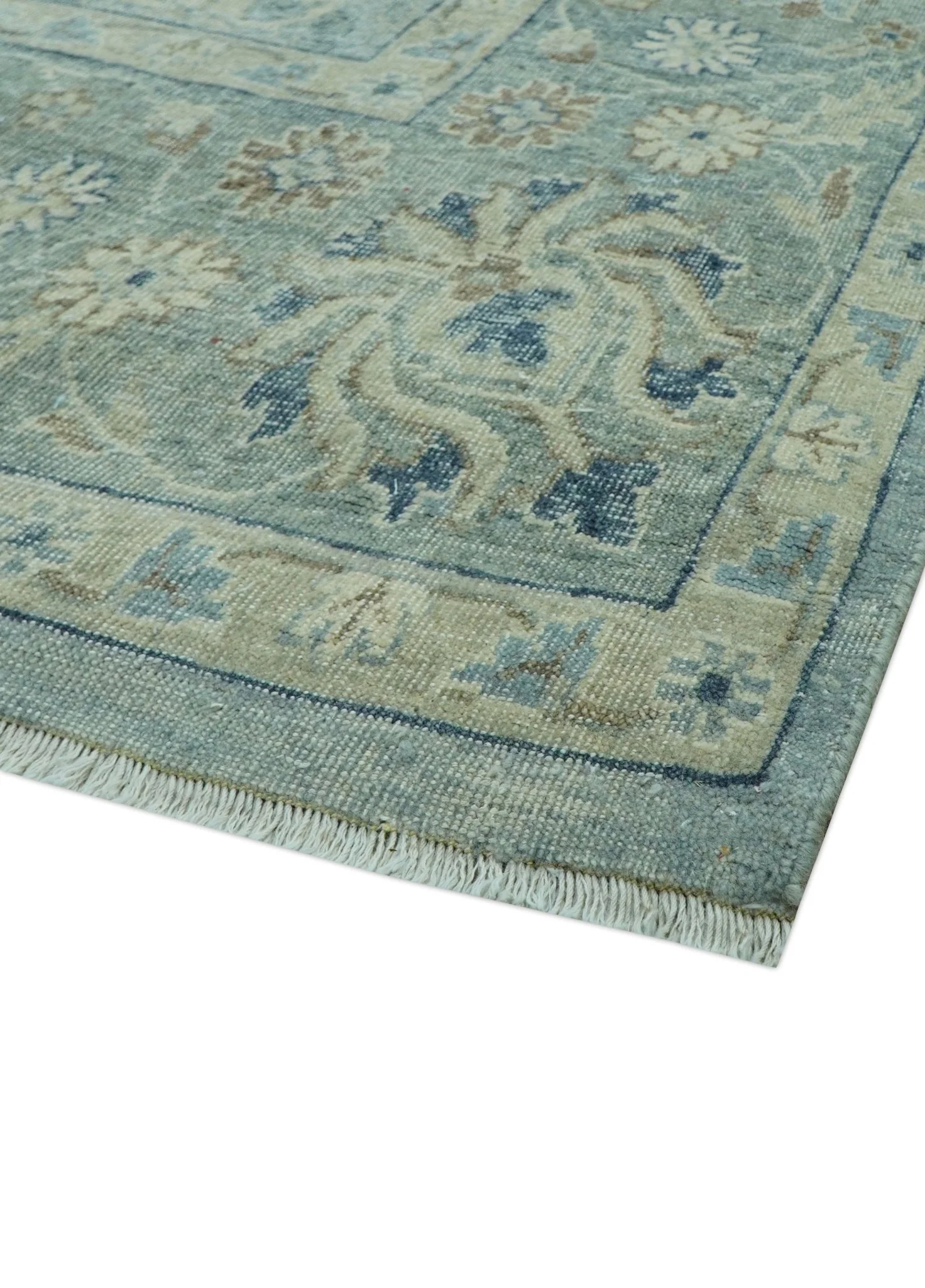 Distressed Hand Knotted Blue And Beige Traditional Design 9x13 Wool Area Rug - Image 8