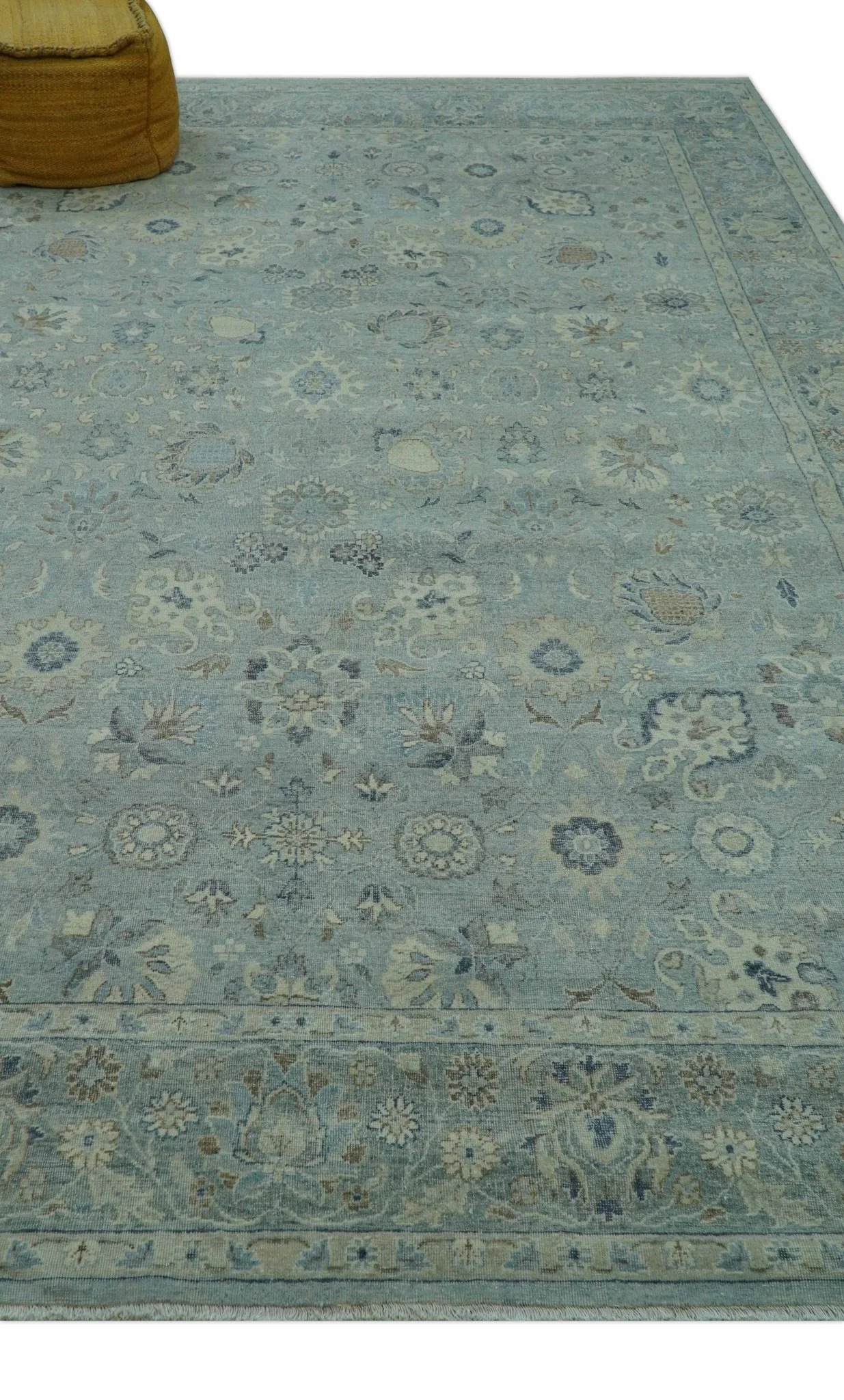 Distressed Hand Knotted Blue And Beige Traditional Design 9x13 Wool Area Rug - Image 9