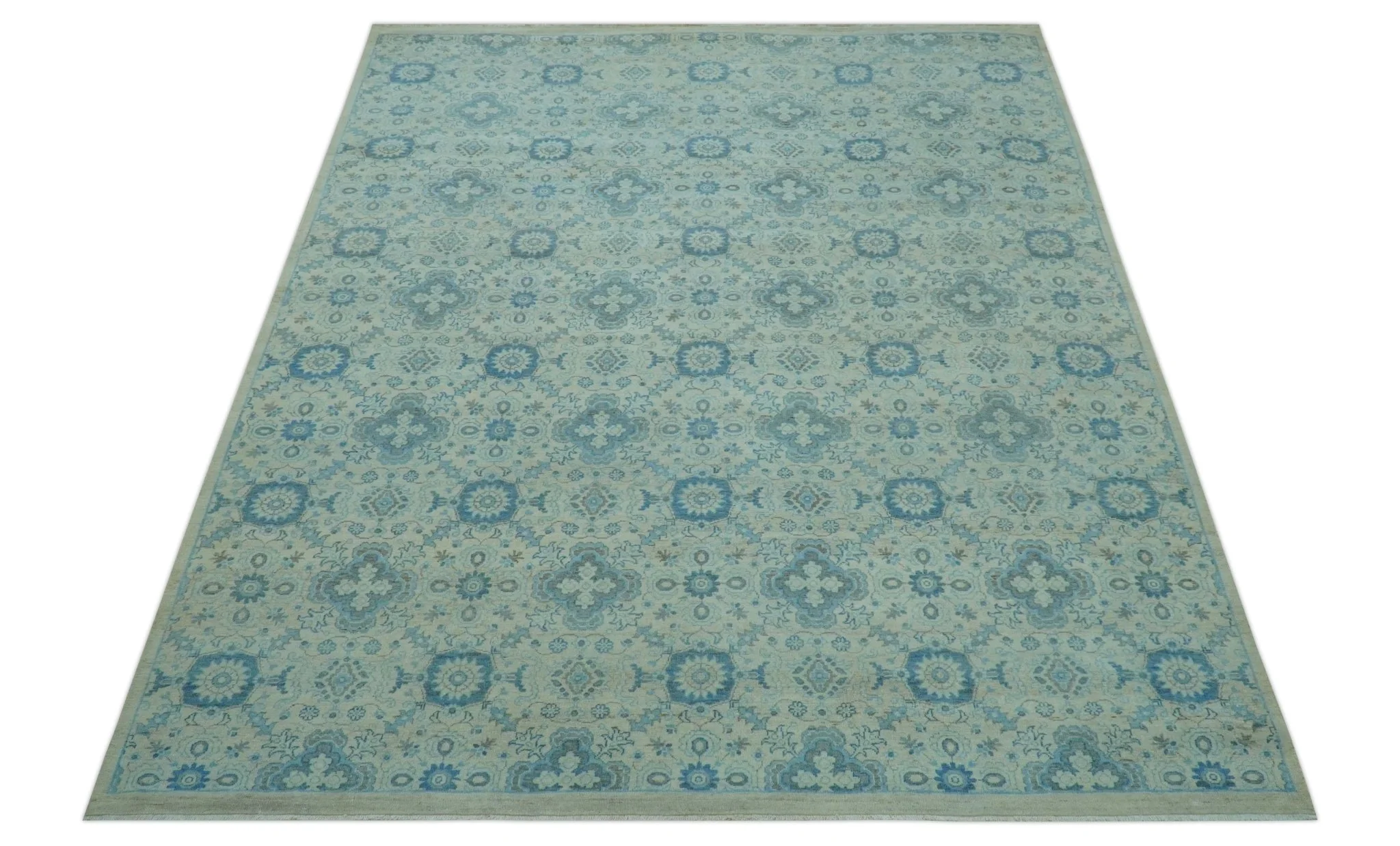 Distressed Hand Knotted Blue And Beige Oriental Design 8x10 Wool Area Rug - Image 11