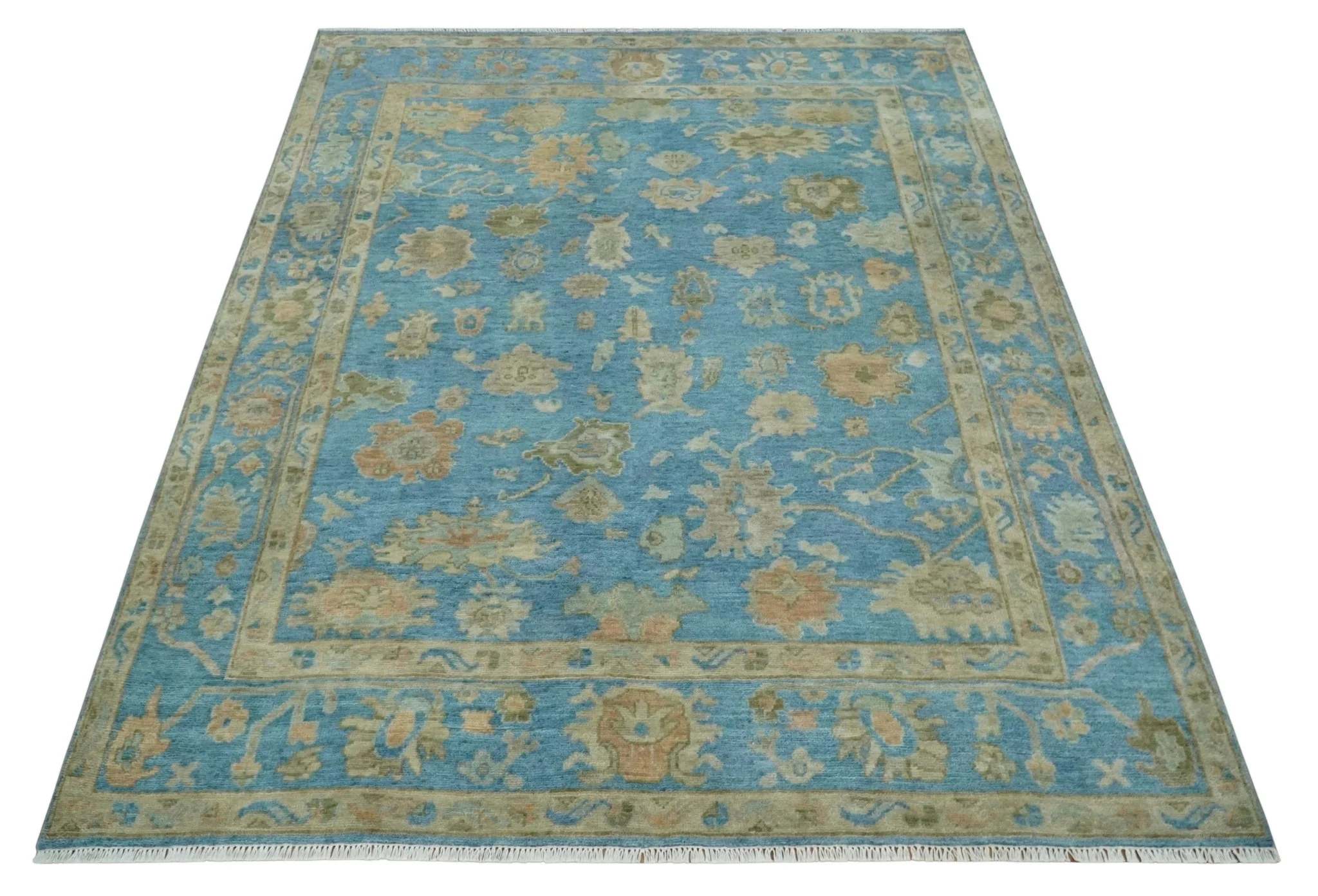 Custom Made Hand knotted Blue and Beige Traditional Oushak Wool Area Rug - Image 10