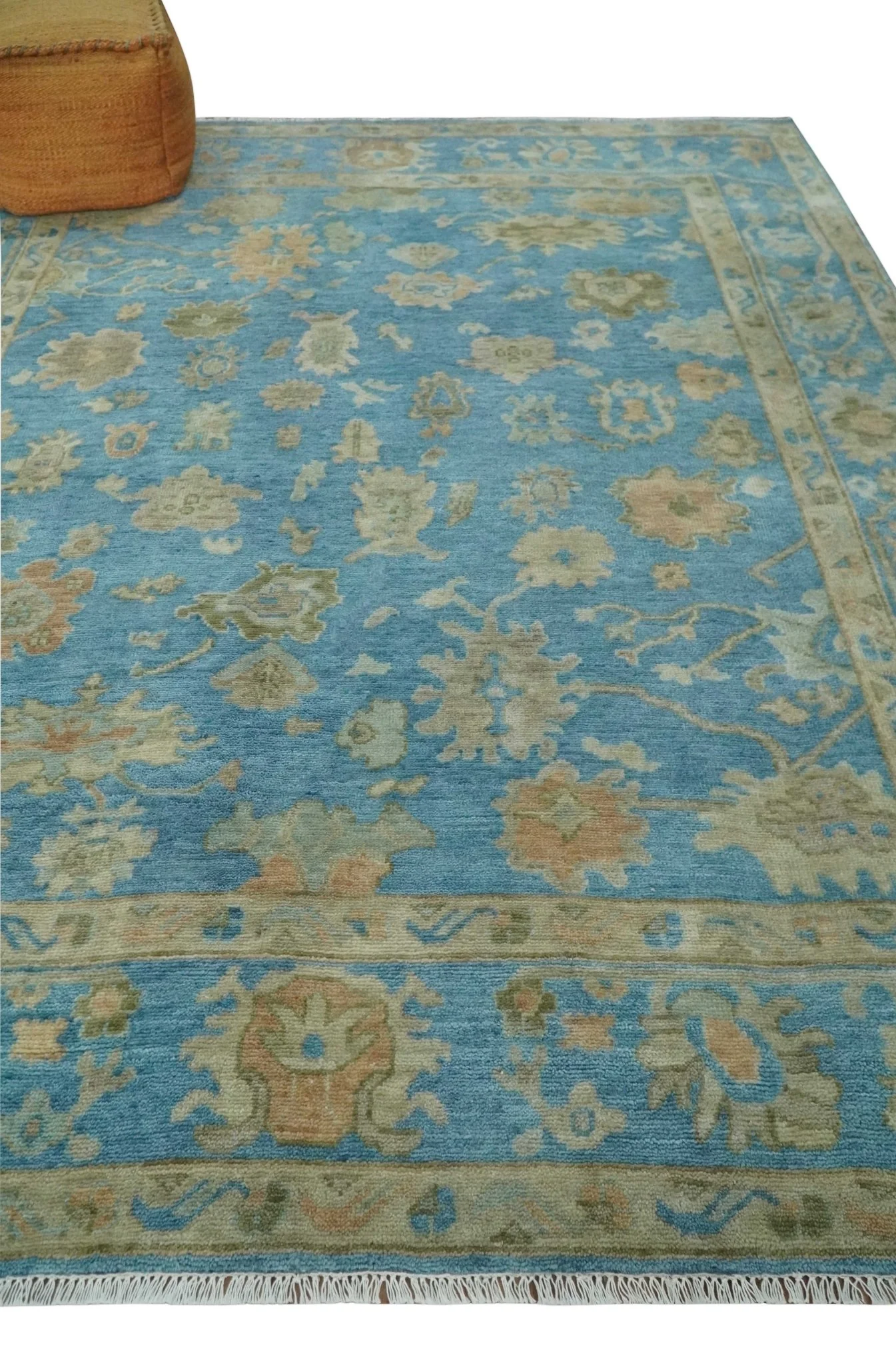 Custom Made Hand knotted Blue and Beige Traditional Oushak Wool Area Rug - Image 3