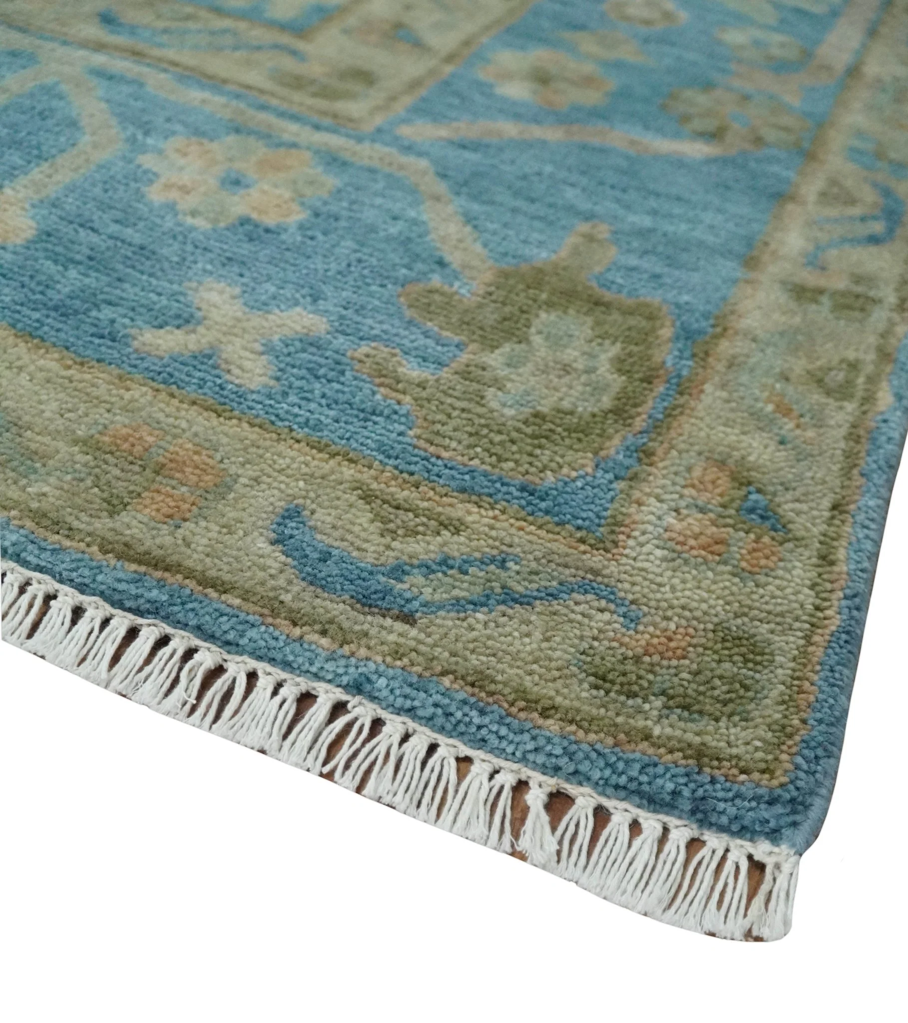 Custom Made Hand knotted Blue and Beige Traditional Oushak Wool Area Rug - Image 5