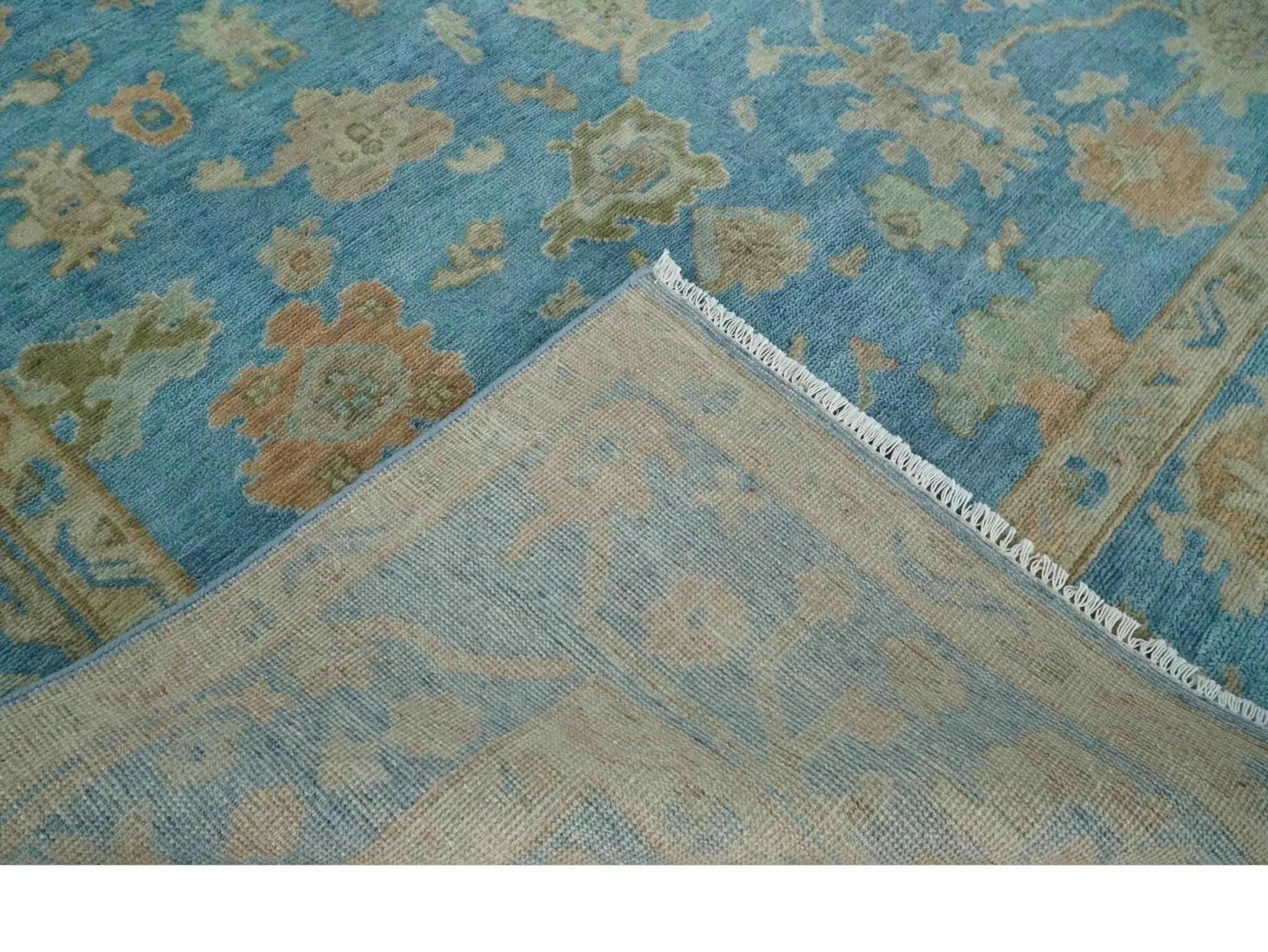 Custom Made Hand knotted Blue and Beige Traditional Oushak Wool Area Rug - Image 7