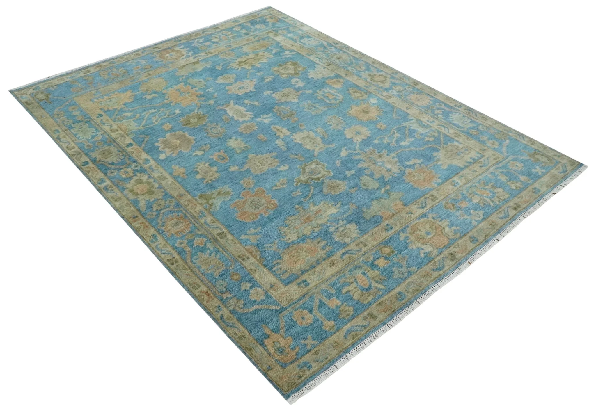 Custom Made Hand knotted Blue and Beige Traditional Oushak Wool Area Rug - Image 9