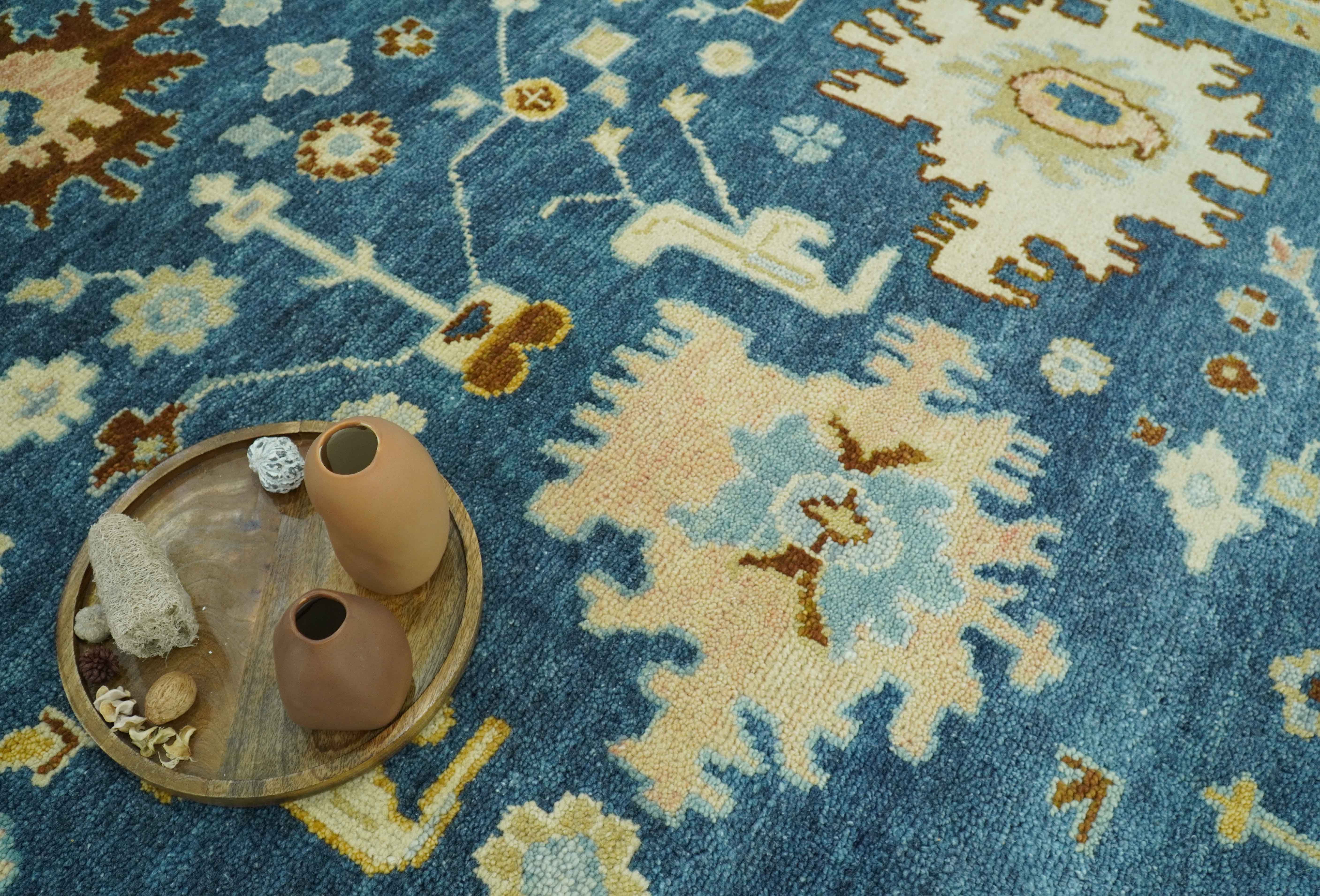 Hand knotted Blue and Beige 8x10 Traditional Oushak wool area rug - Image 7