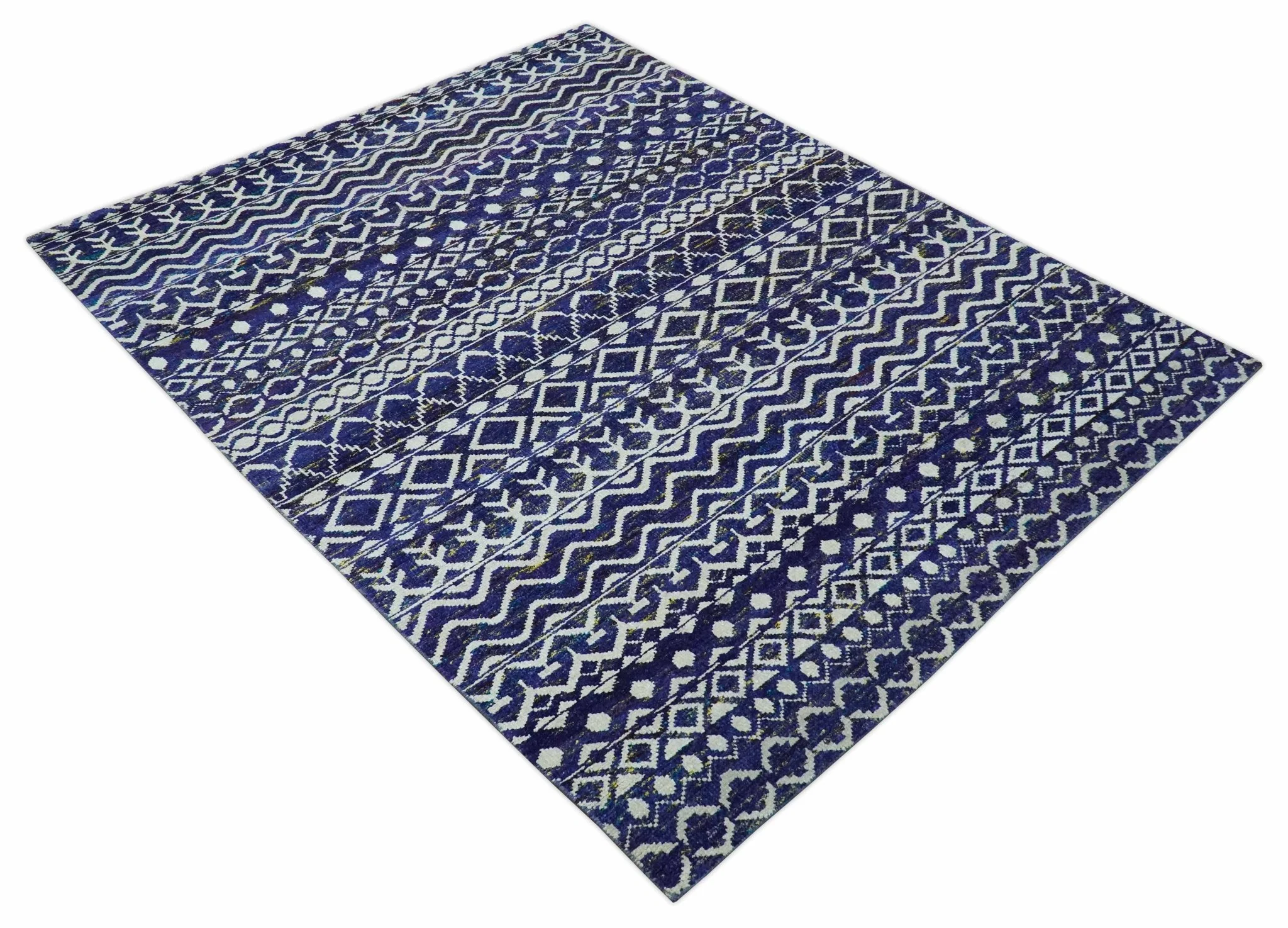 Hand Knotted Blue and Ivory 8x10 Southwestern Tribal Trellis Recycled Art Silk Area Rug - Image 10