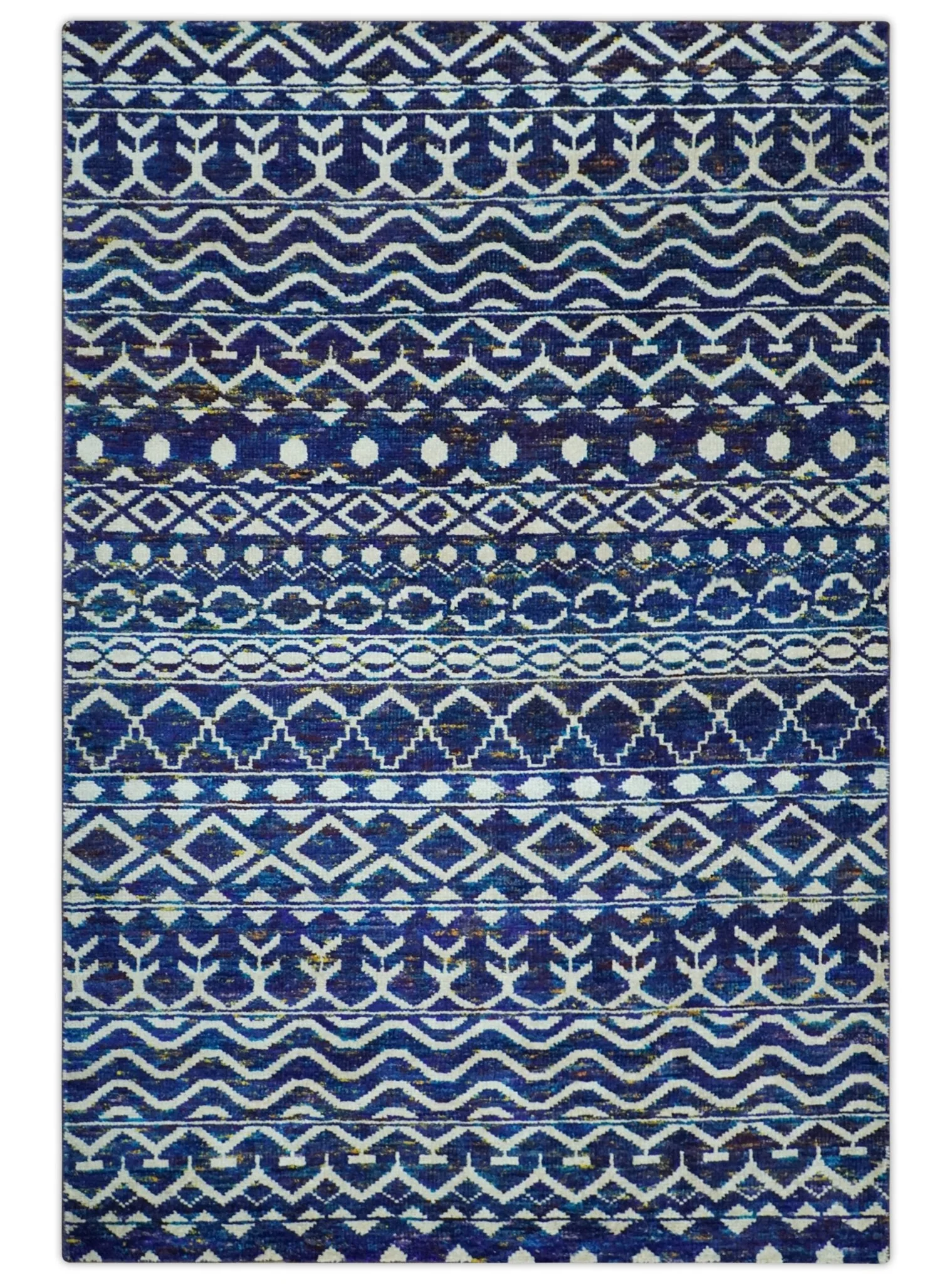 Hand Knotted Blue and Ivory 8x10 Southwestern Tribal Trellis Recycled Art Silk Area Rug - Image 11