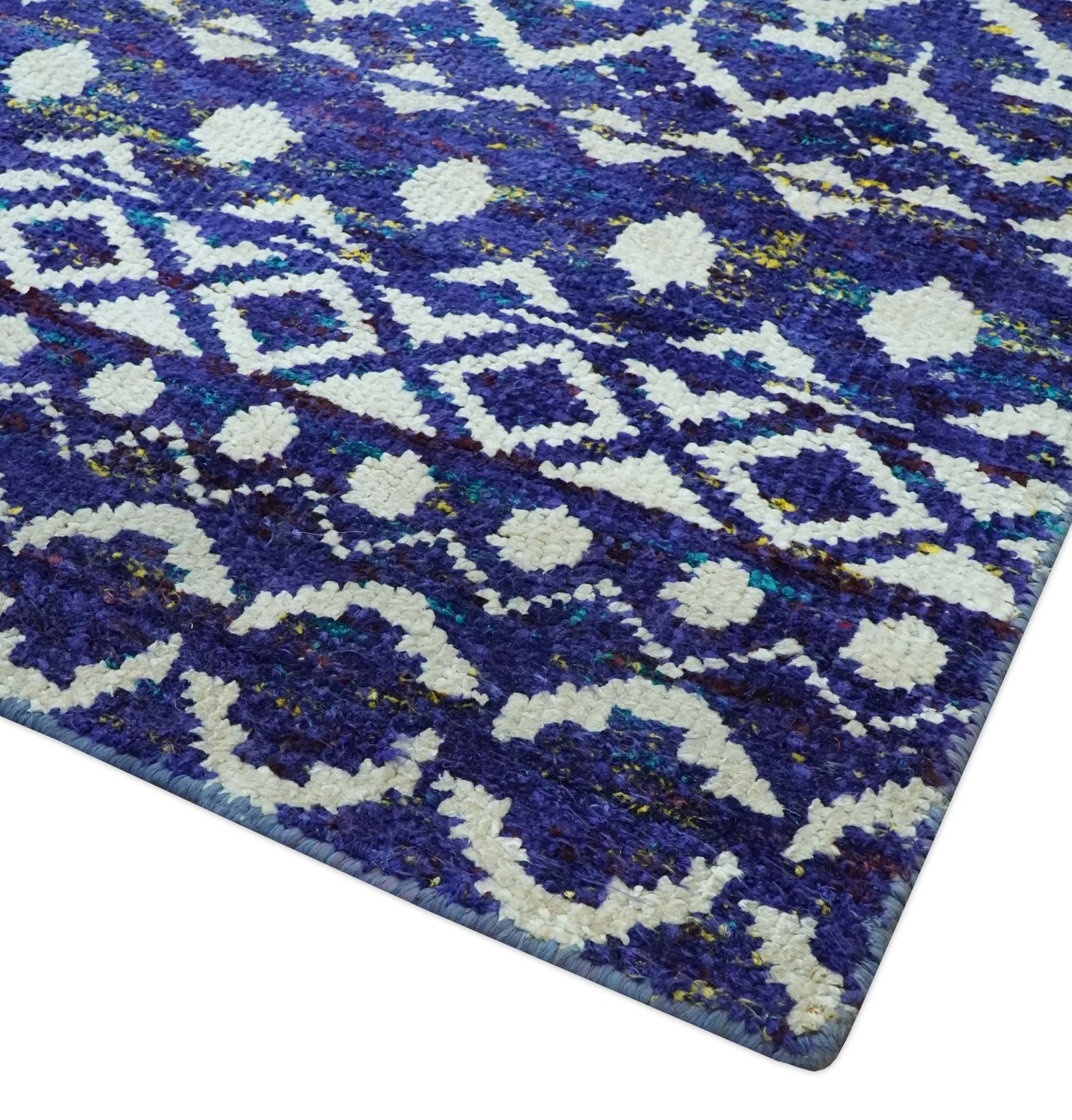 Hand Knotted Blue and Ivory 8x10 Southwestern Tribal Trellis Recycled Art Silk Area Rug - Image 5