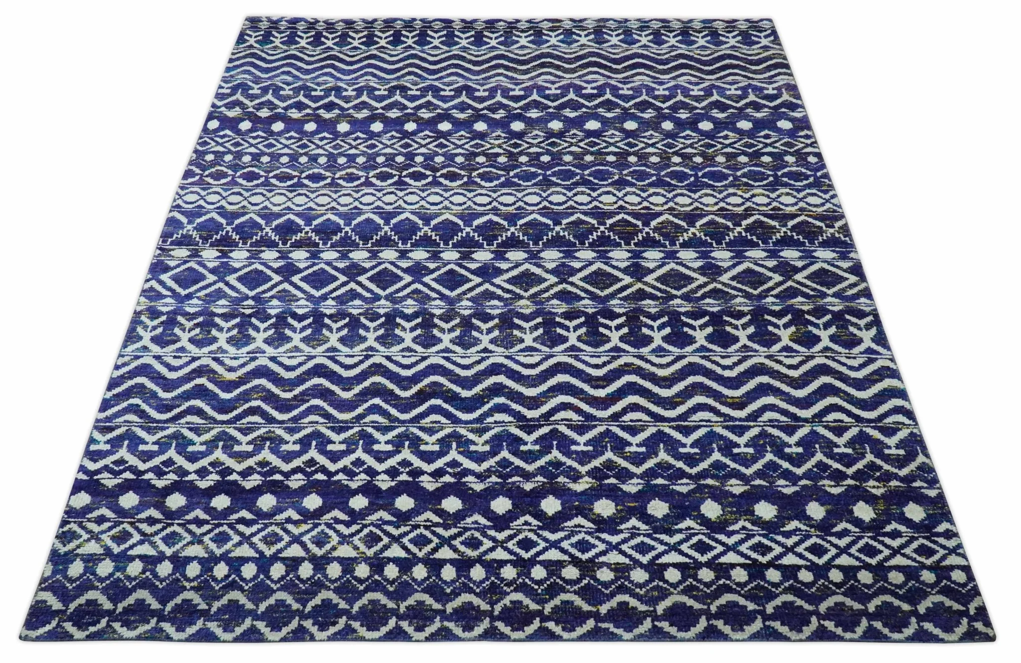 Hand Knotted Blue and Ivory 8x10 Southwestern Tribal Trellis Recycled Art Silk Area Rug - Image 9