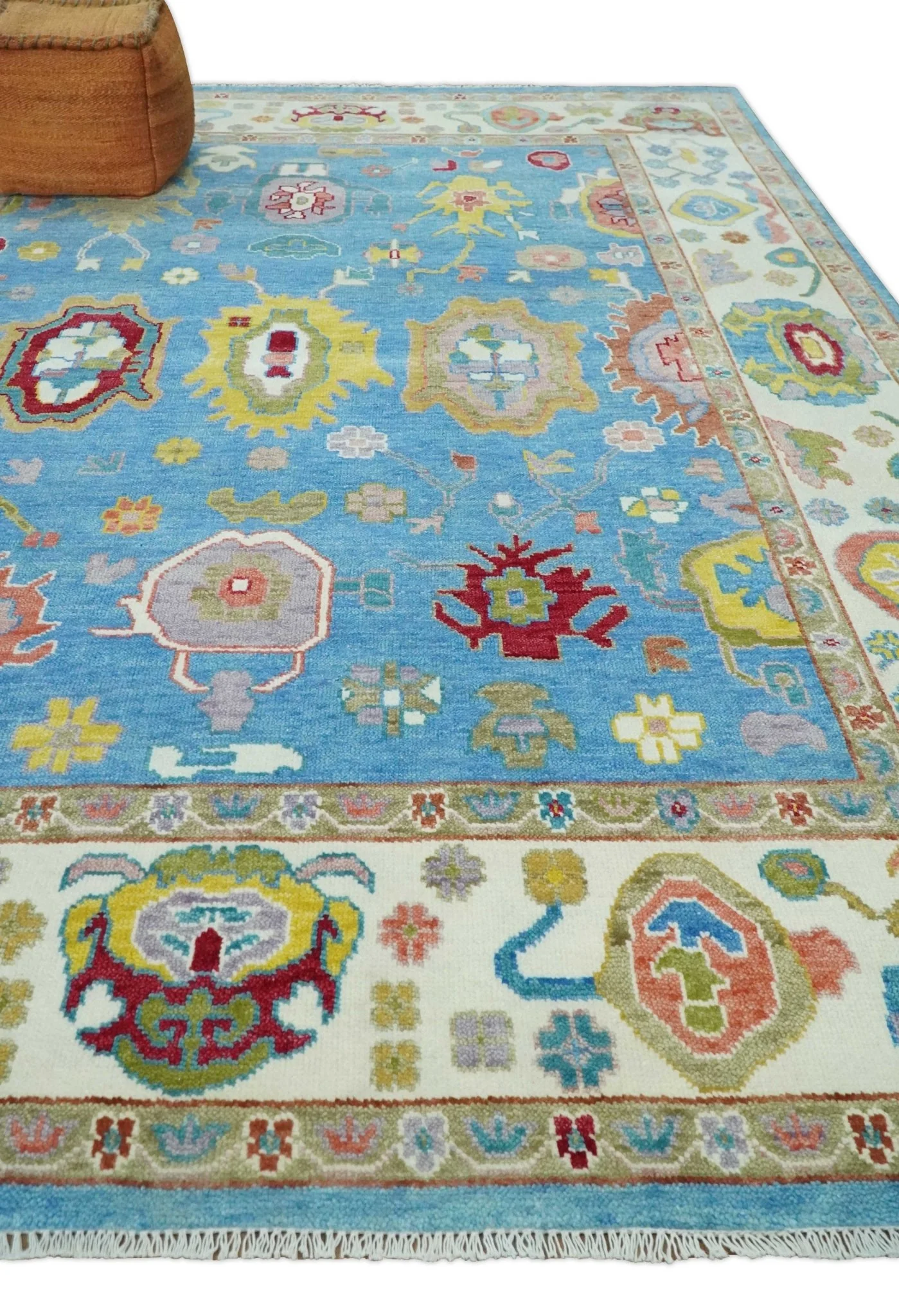 Blue and Ivory Hand Knotted Traditional Oushak Multi Size Wool Area Rug - Image 3