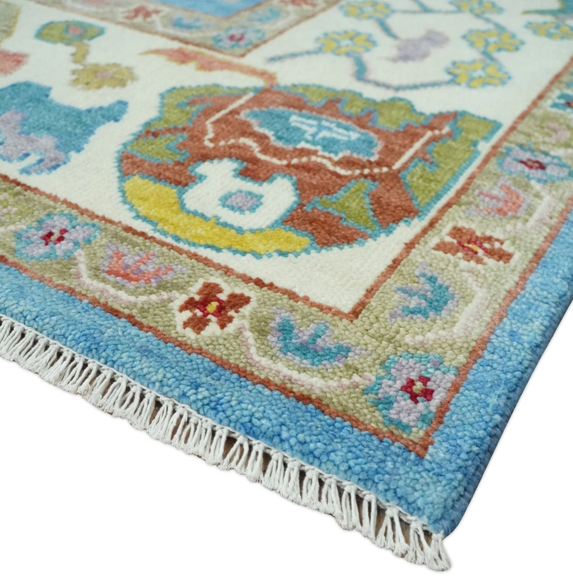 Blue and Ivory Hand Knotted Traditional Oushak Multi Size Wool Area Rug - Image 5