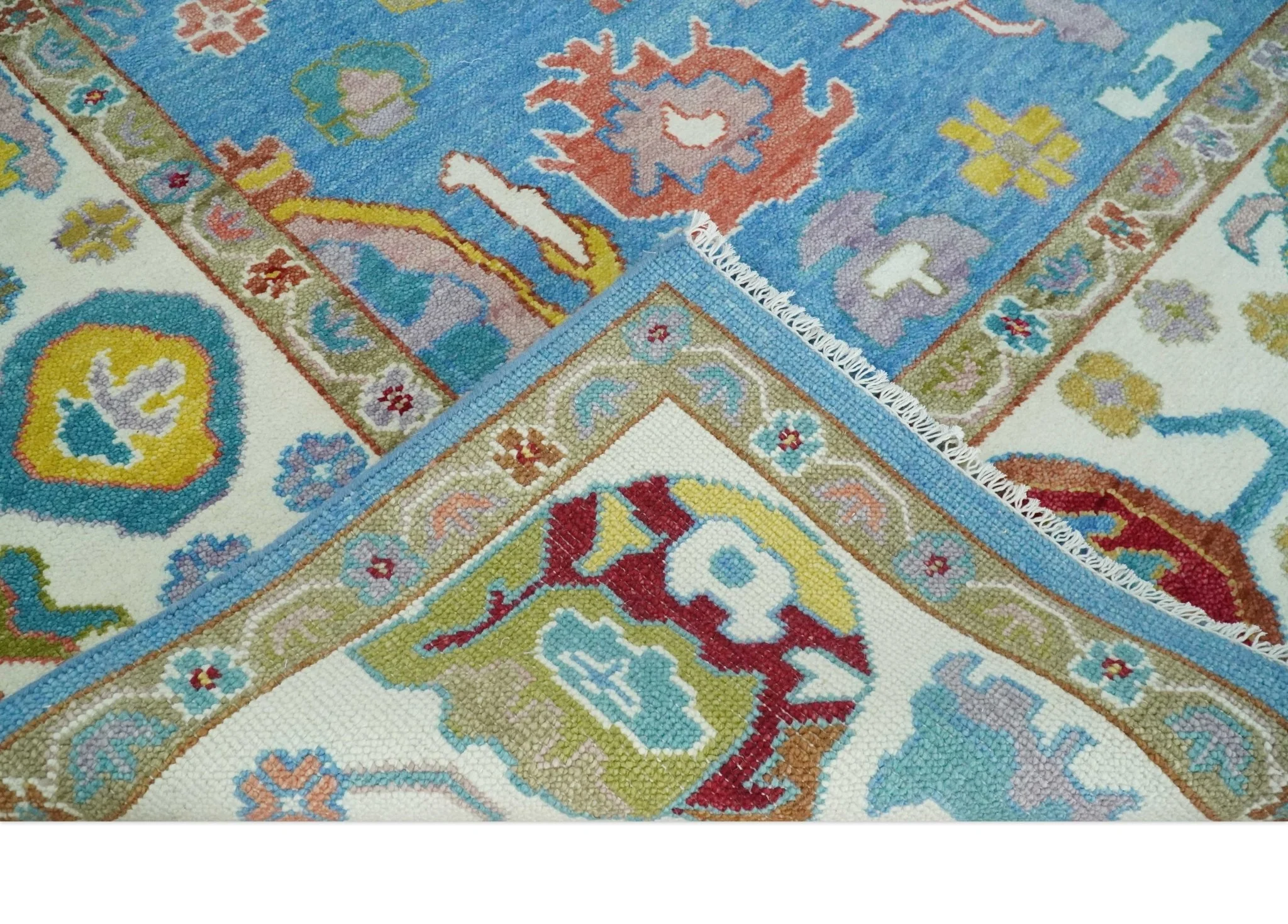 Blue and Ivory Hand Knotted Traditional Oushak Multi Size Wool Area Rug - Image 6