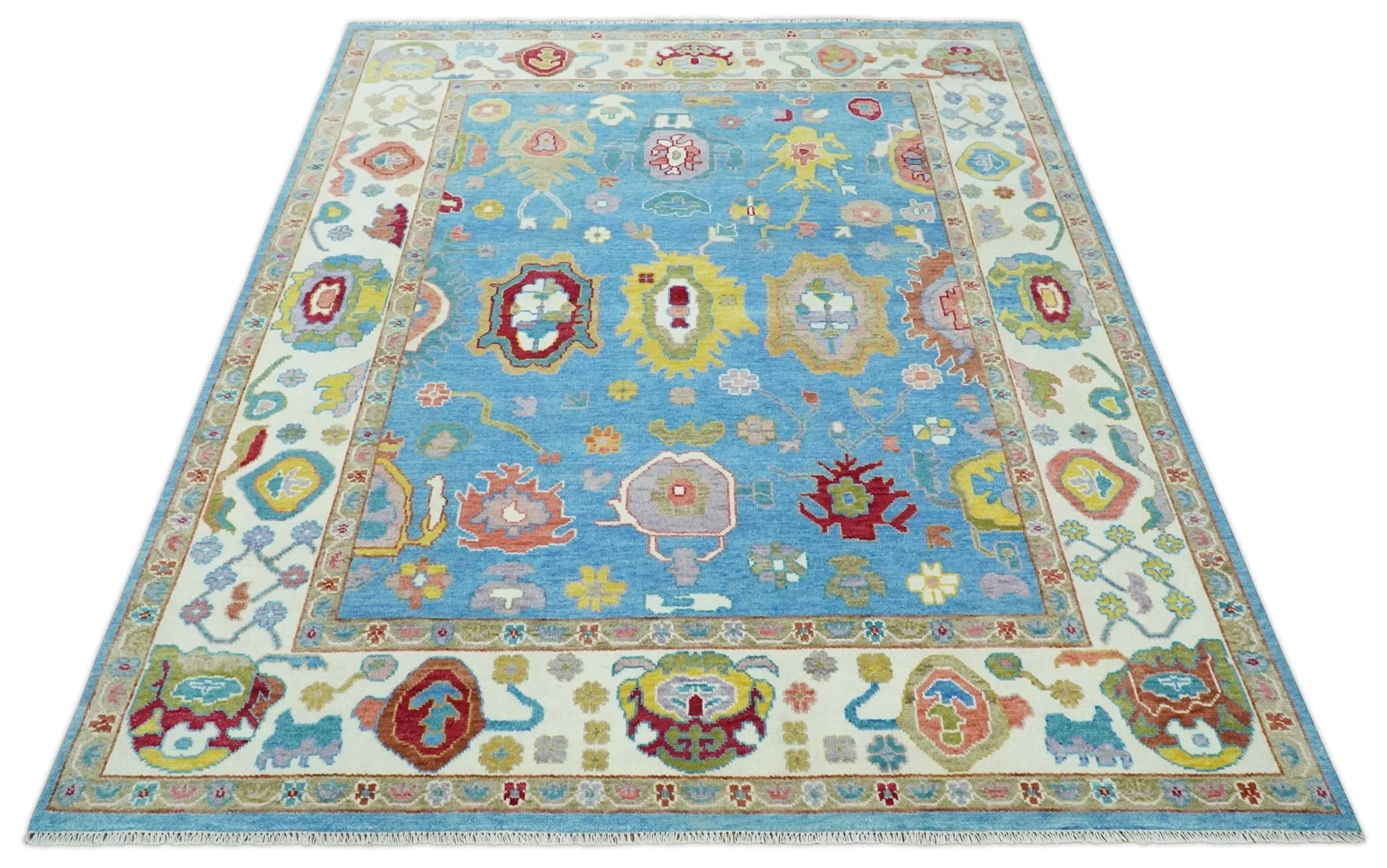 Blue and Ivory Hand Knotted Traditional Oushak Multi Size Wool Area Rug - Image 8