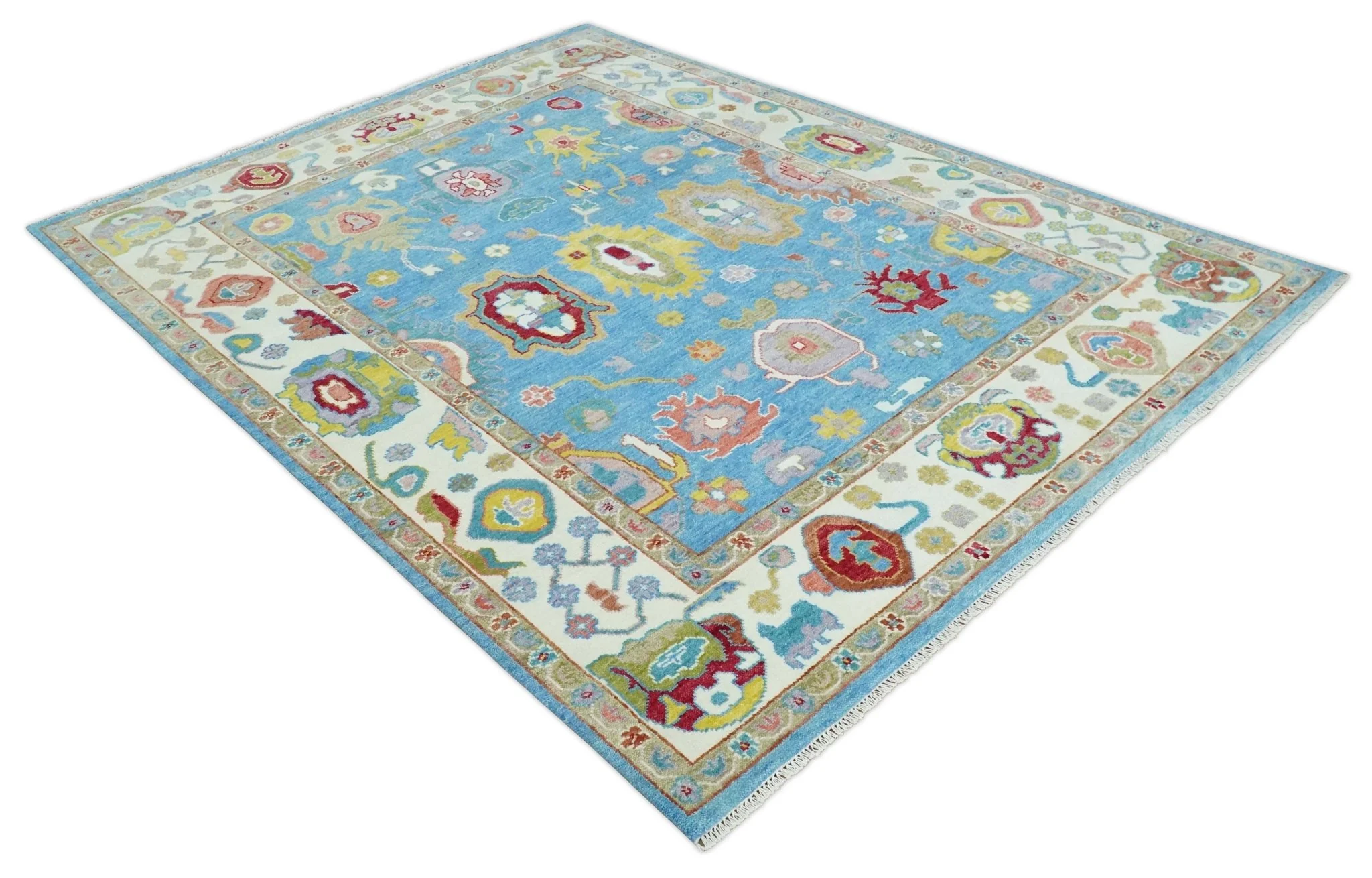 Blue and Ivory Hand Knotted Traditional Oushak Multi Size Wool Area Rug - Image 9