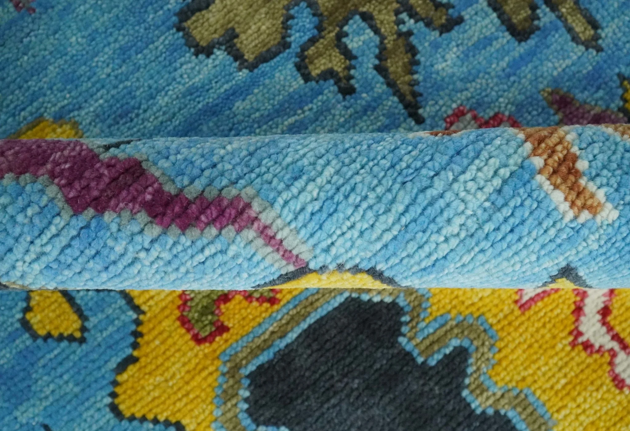 Custom Made Hand Knotted Vibrant colorful Blue and Ivory Traditional Oushak Wool Area Rug - Image 10