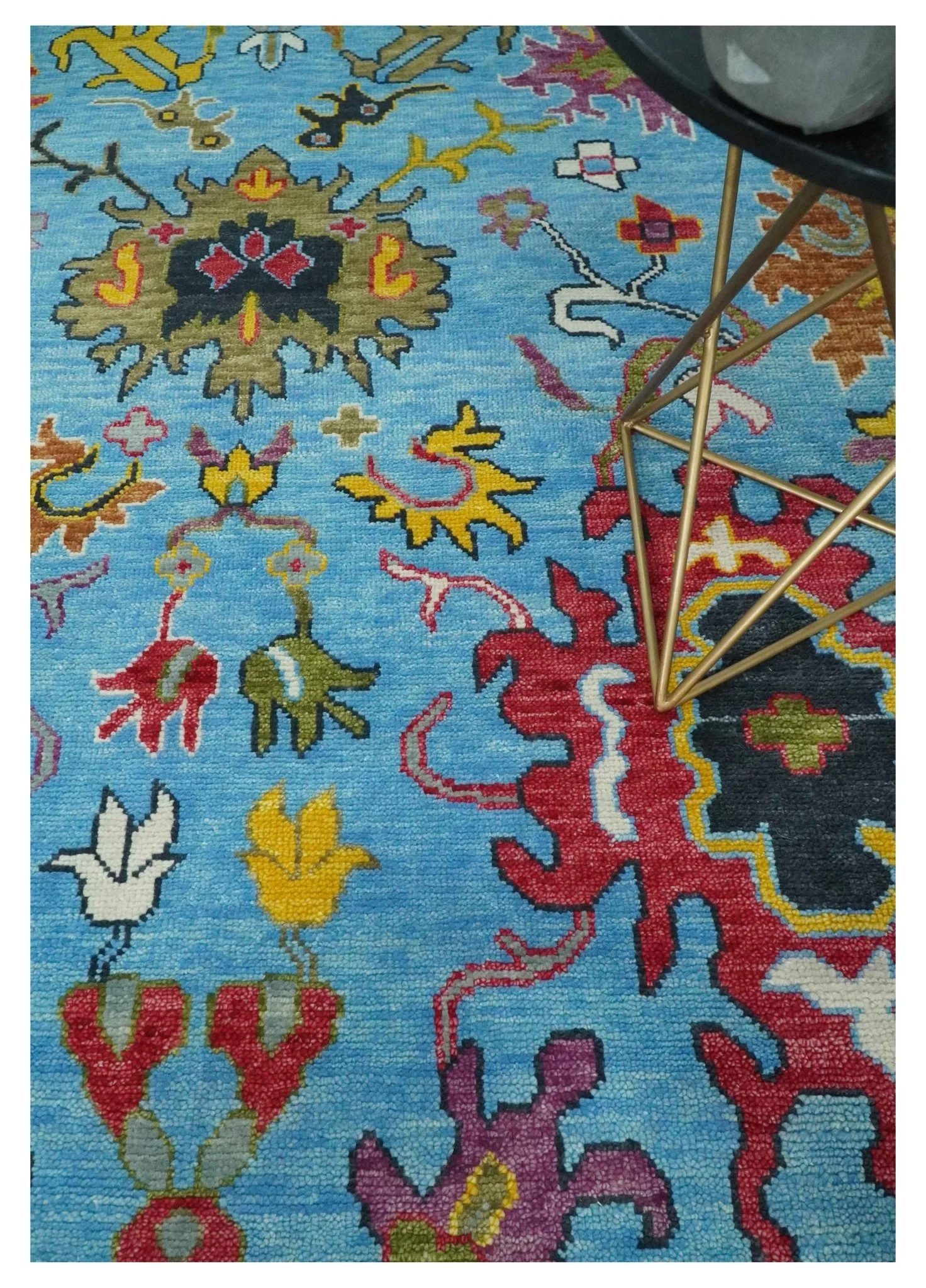 Custom Made Hand Knotted Vibrant colorful Blue and Ivory Traditional Oushak Wool Area Rug - Image 2