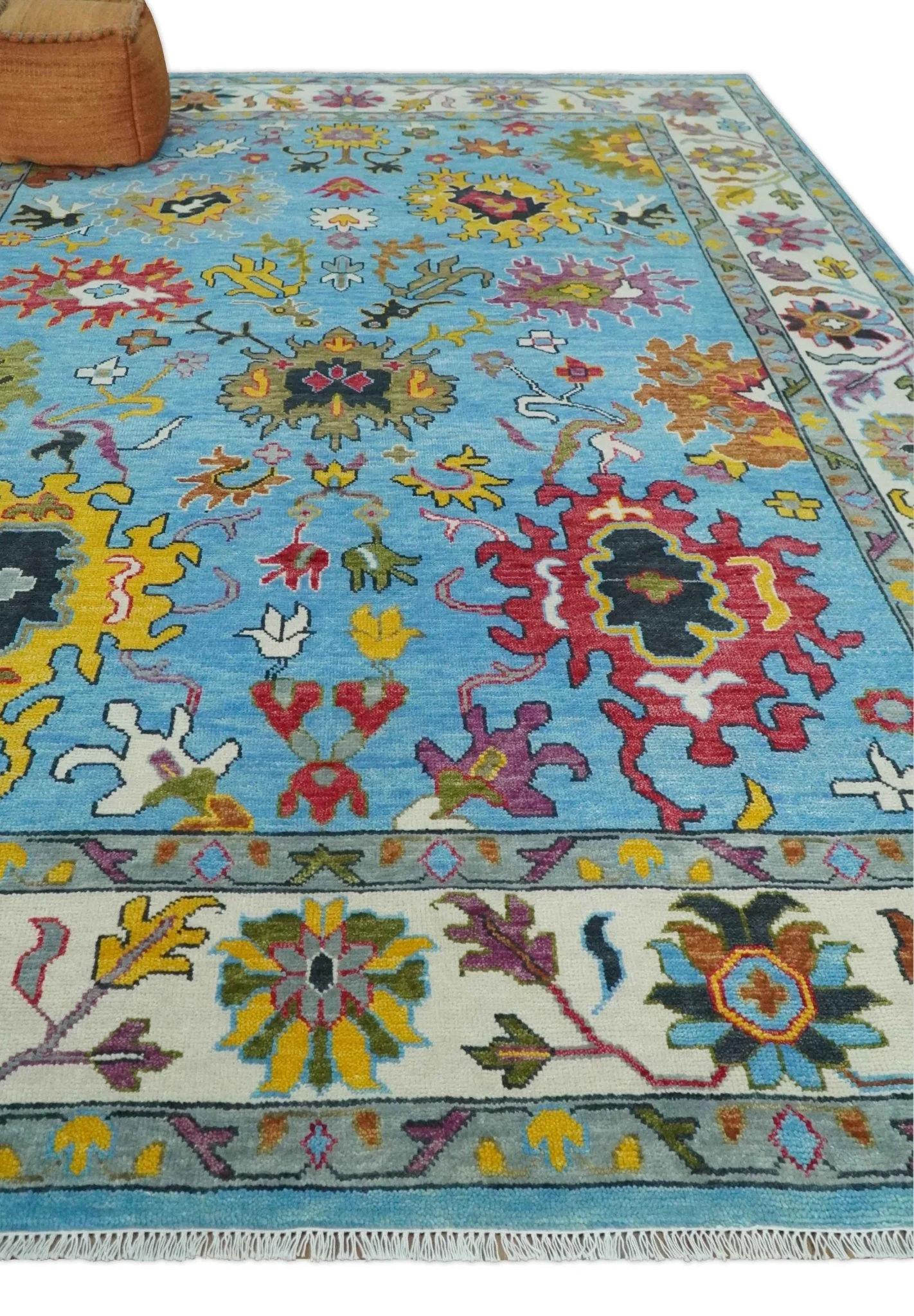Custom Made Hand Knotted Vibrant colorful Blue and Ivory Traditional Oushak Wool Area Rug - Image 3