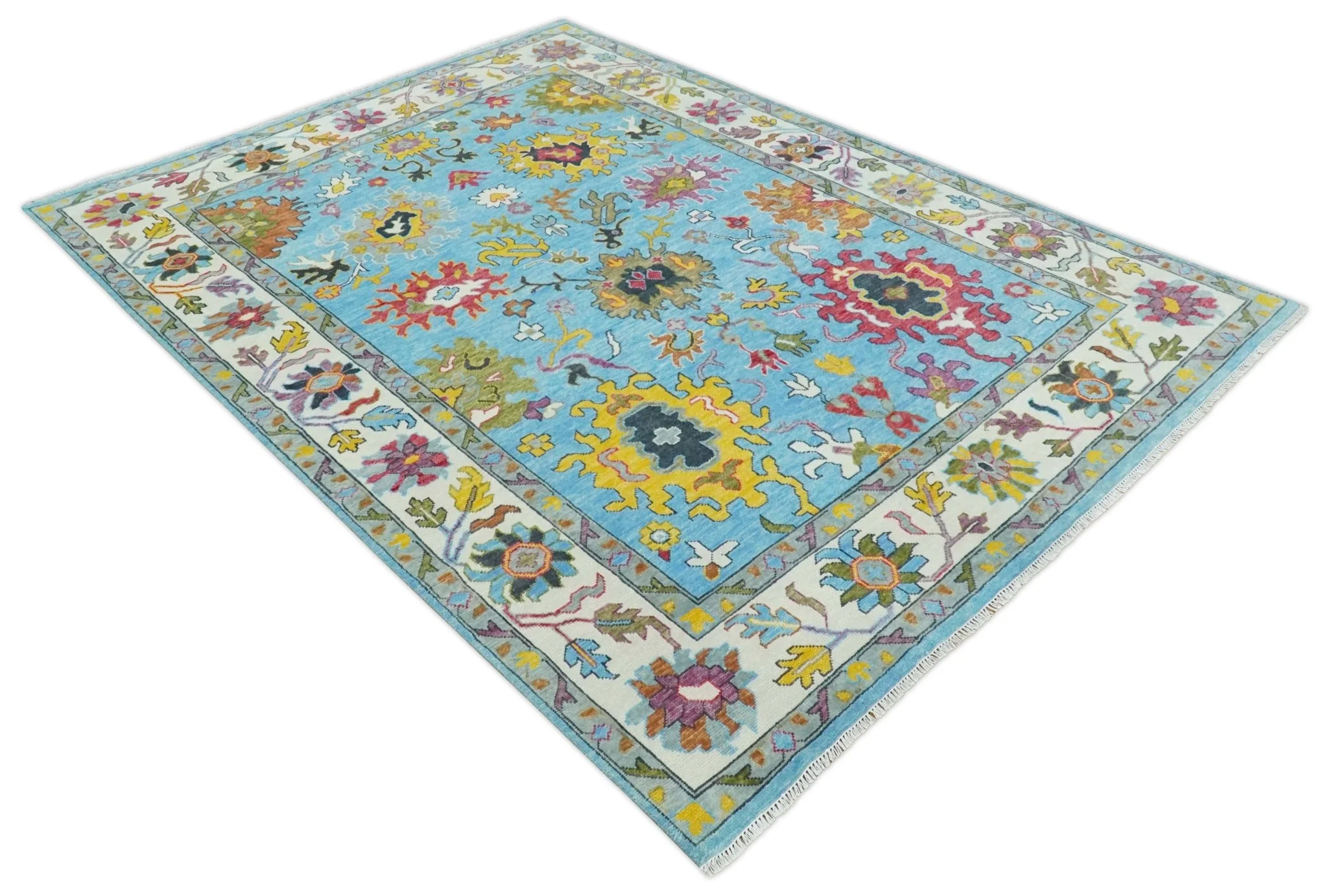 Custom Made Hand Knotted Vibrant colorful Blue and Ivory Traditional Oushak Wool Area Rug - Image 4
