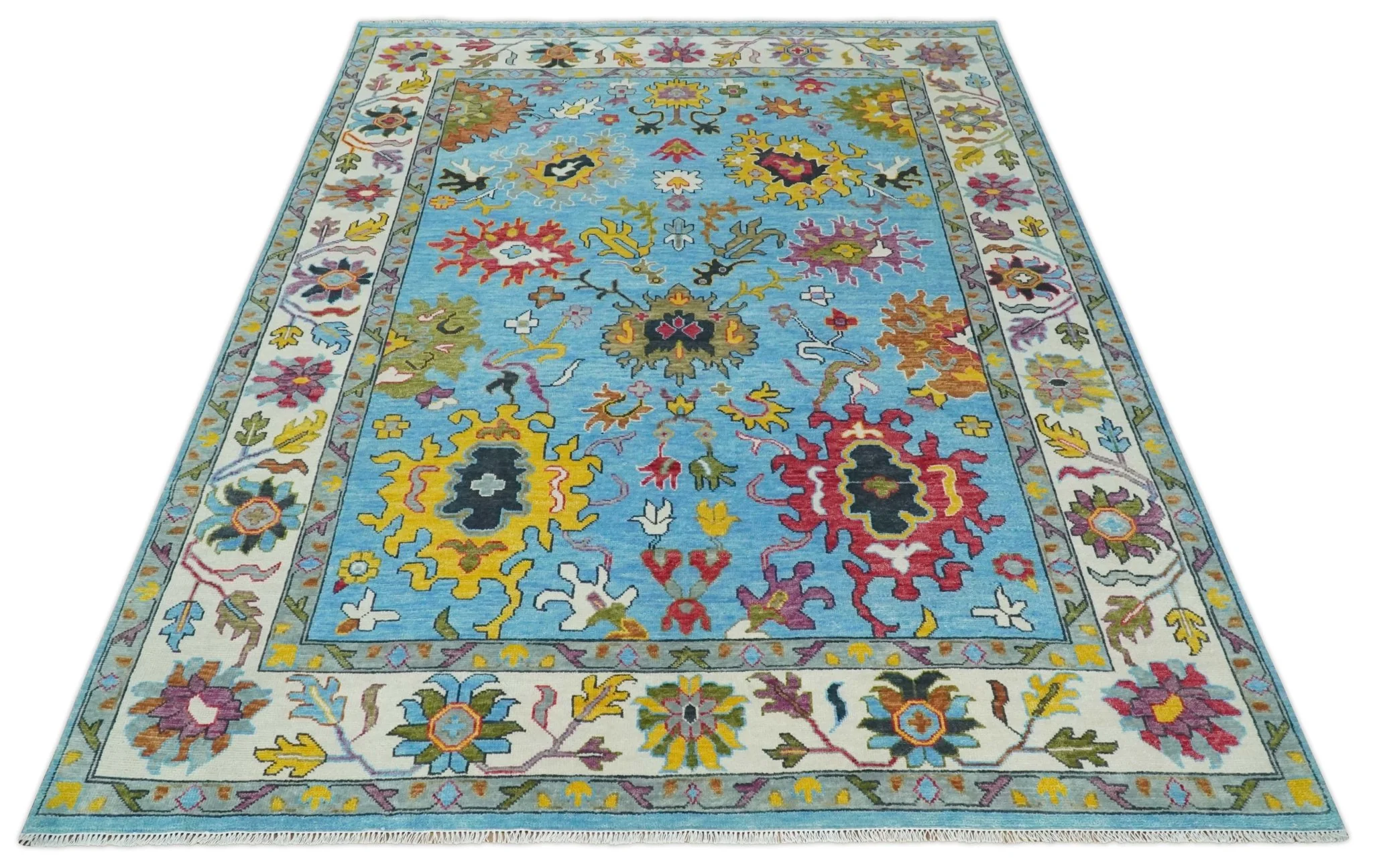 Custom Made Hand Knotted Vibrant colorful Blue and Ivory Traditional Oushak Wool Area Rug - Image 5