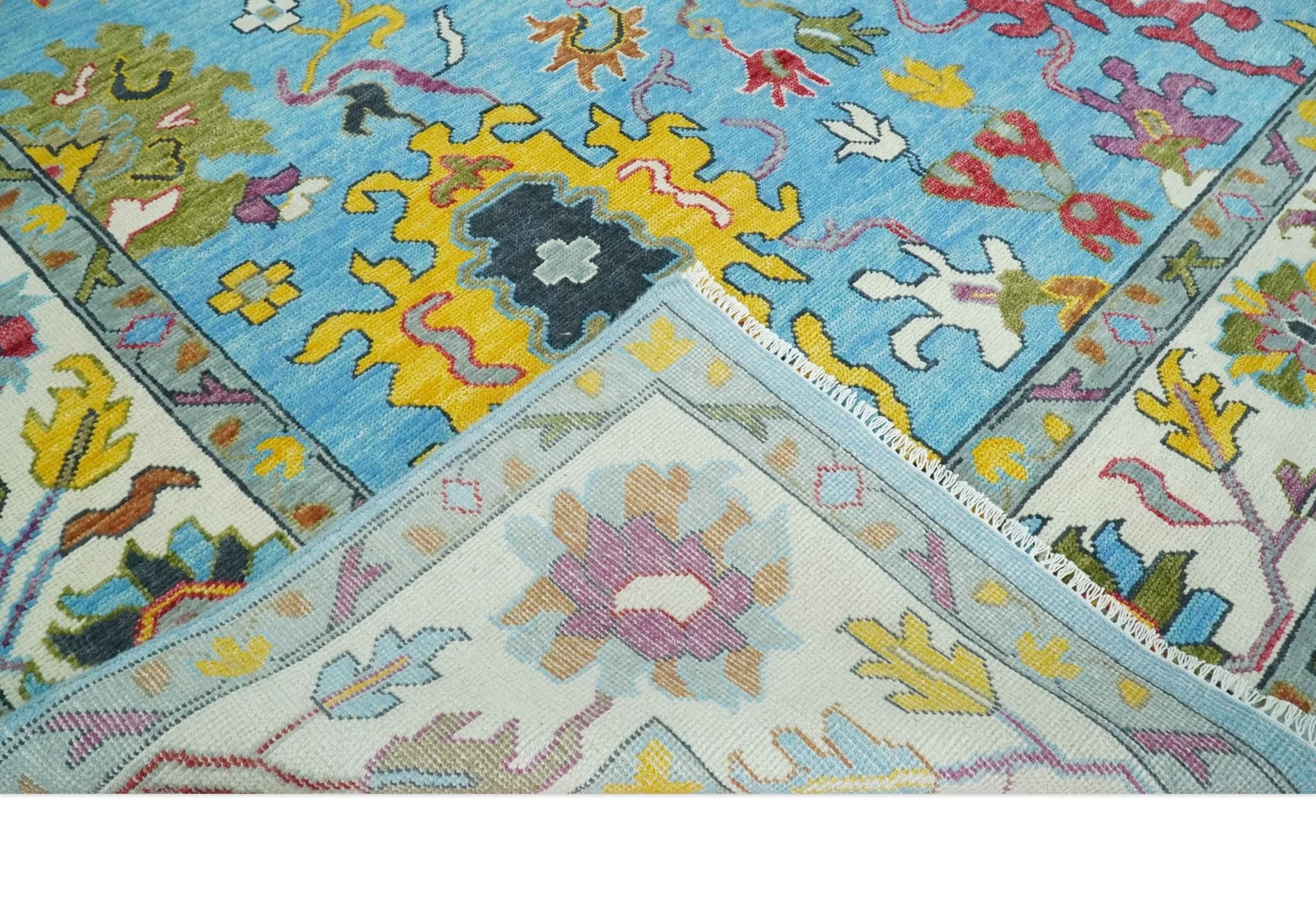 Custom Made Hand Knotted Vibrant colorful Blue and Ivory Traditional Oushak Wool Area Rug - Image 6