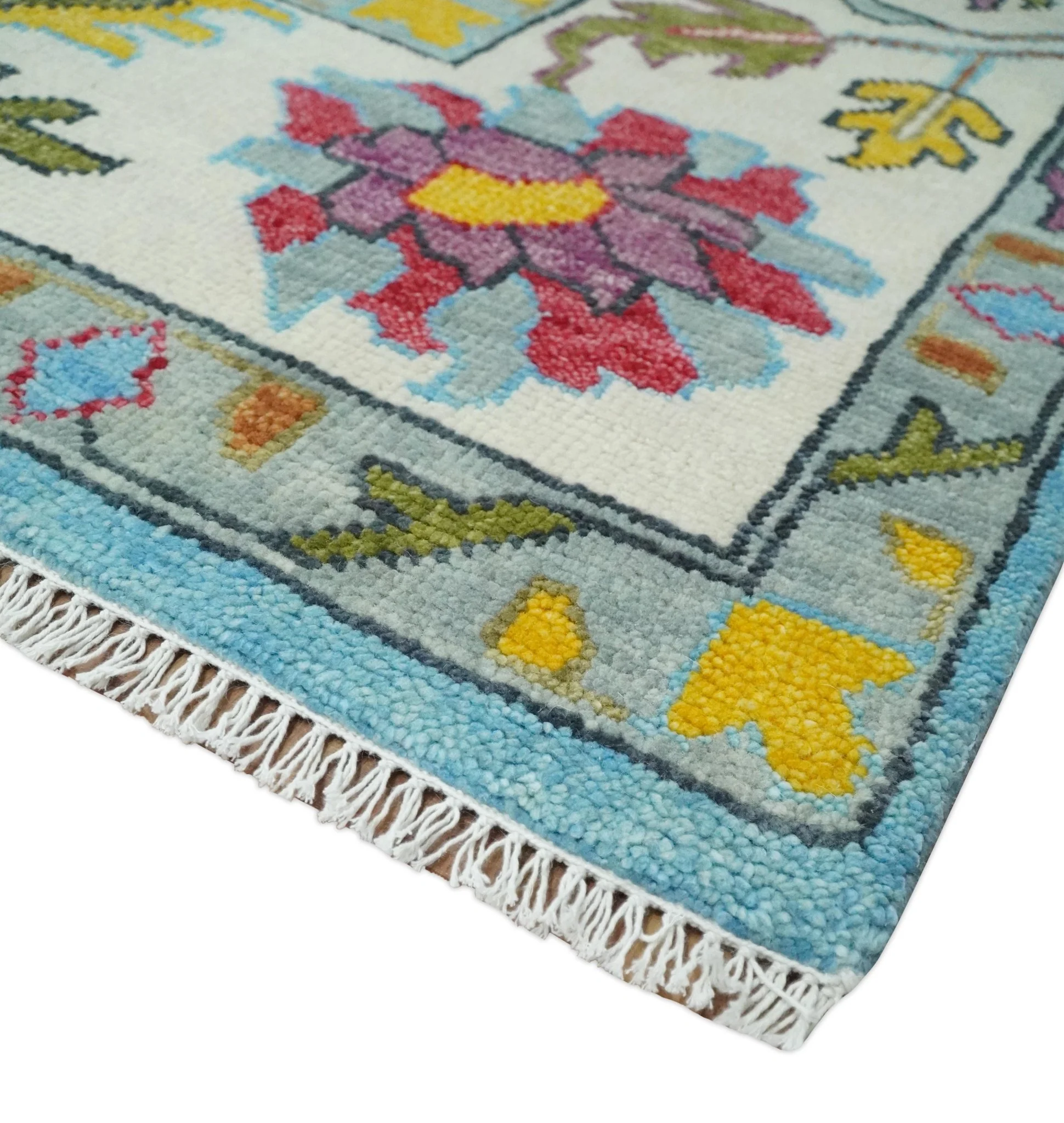 Custom Made Hand Knotted Vibrant colorful Blue and Ivory Traditional Oushak Wool Area Rug - Image 8