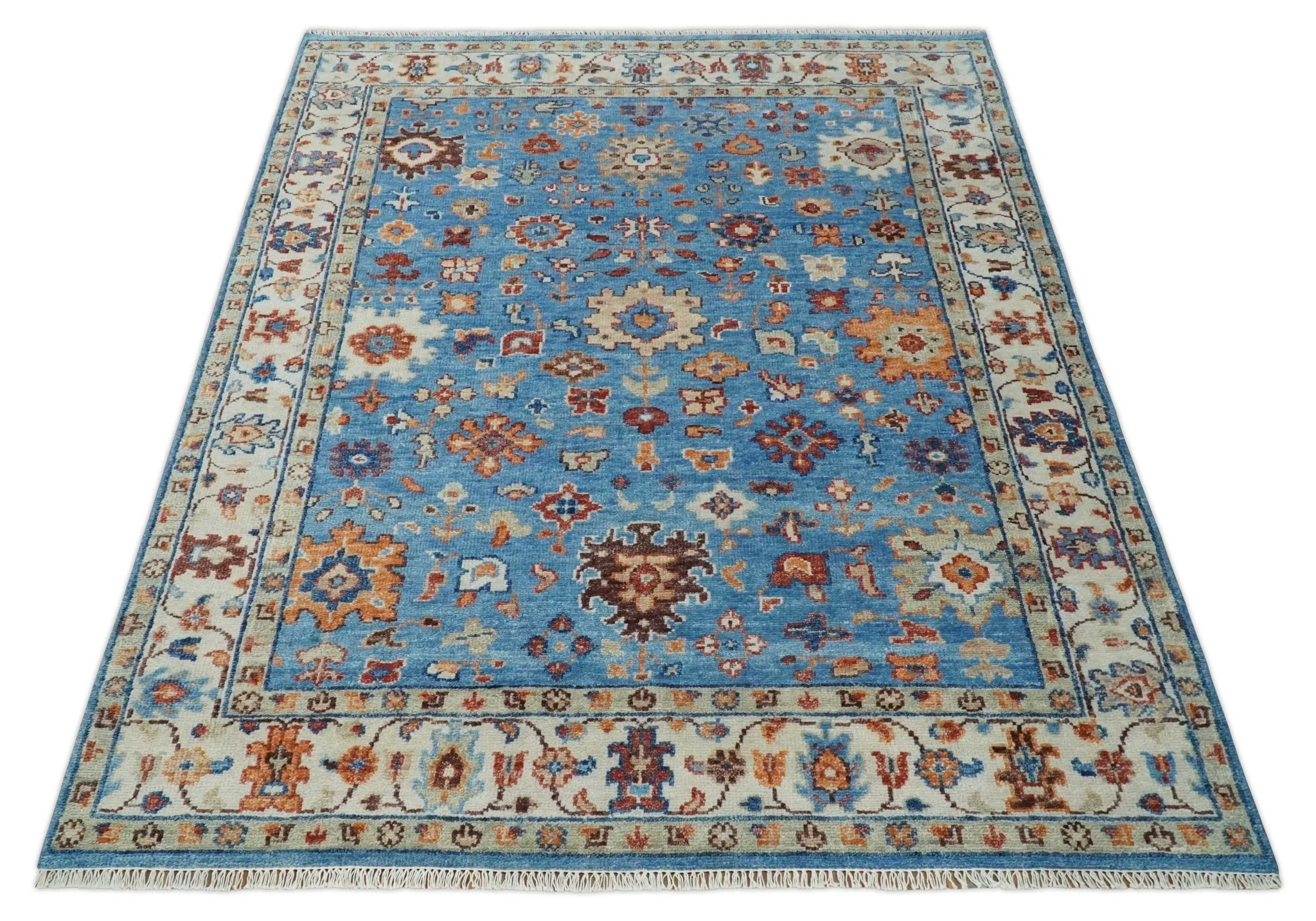 Custom Made Hand Knotted Blue and Ivory Traditional Turkish Oushak Design Wool Rug - Image 10