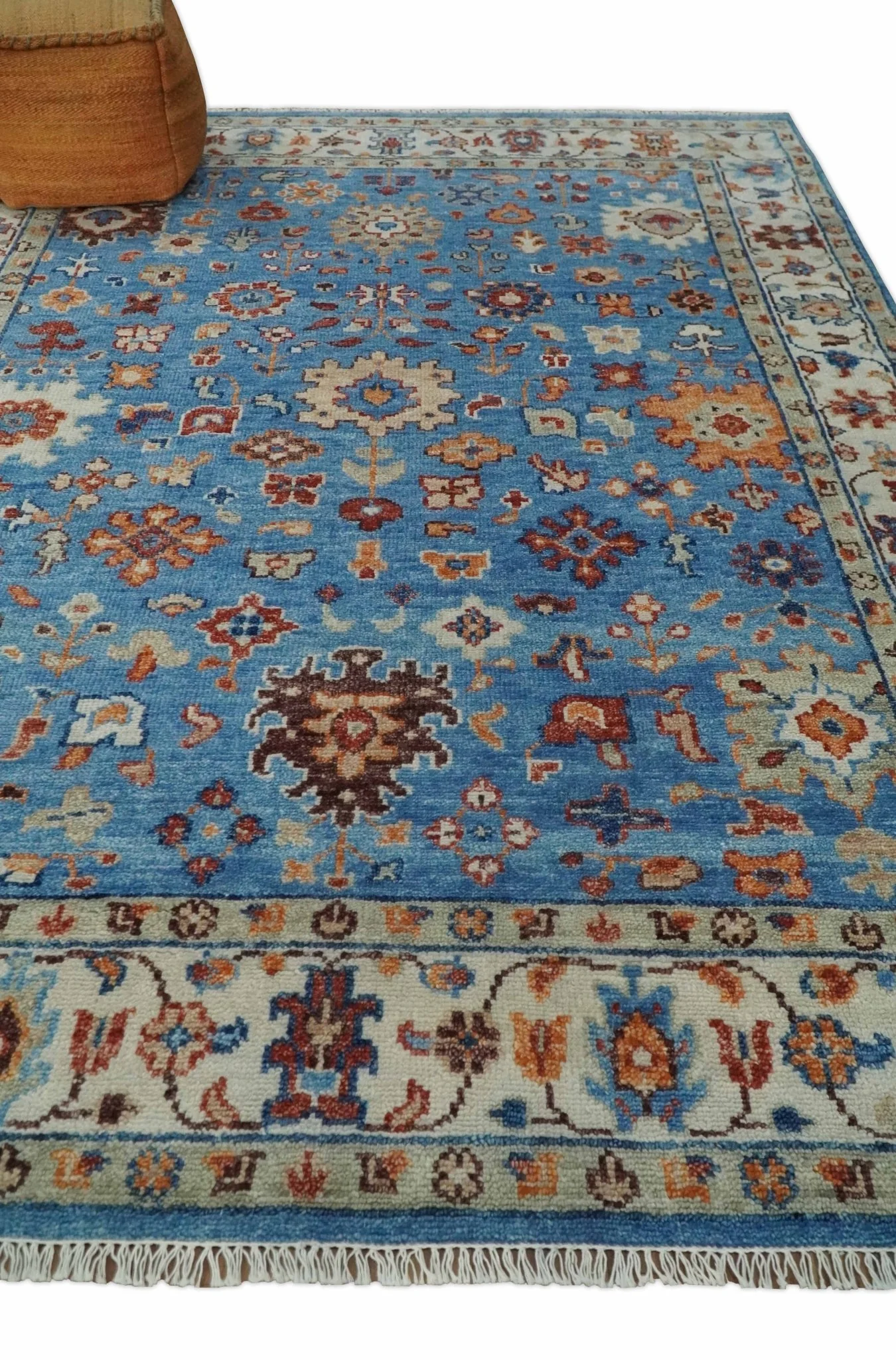 Custom Made Hand Knotted Blue and Ivory Traditional Turkish Oushak Design Wool Rug - Image 3