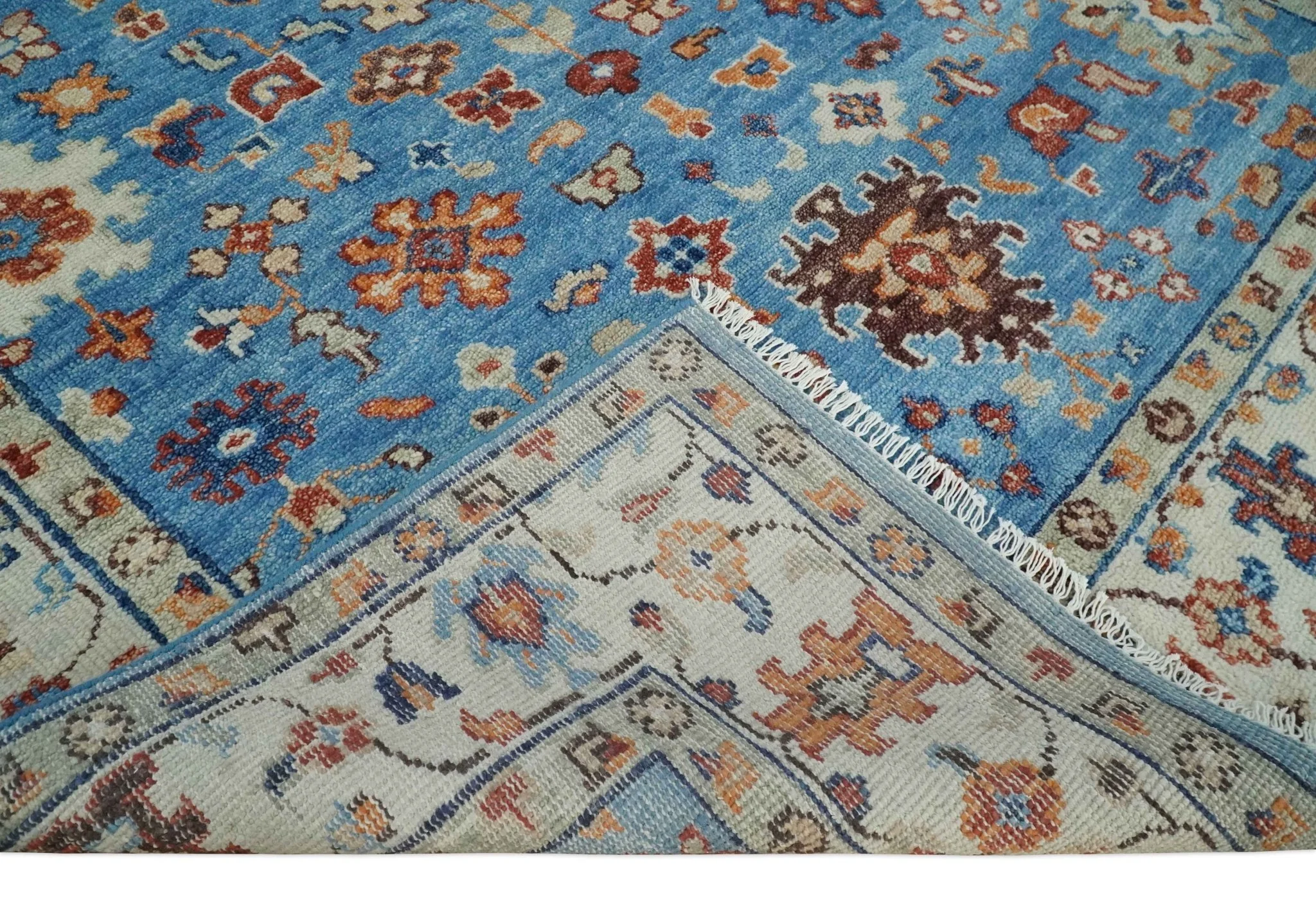 Custom Made Hand Knotted Blue and Ivory Traditional Turkish Oushak Design Wool Rug - Image 7