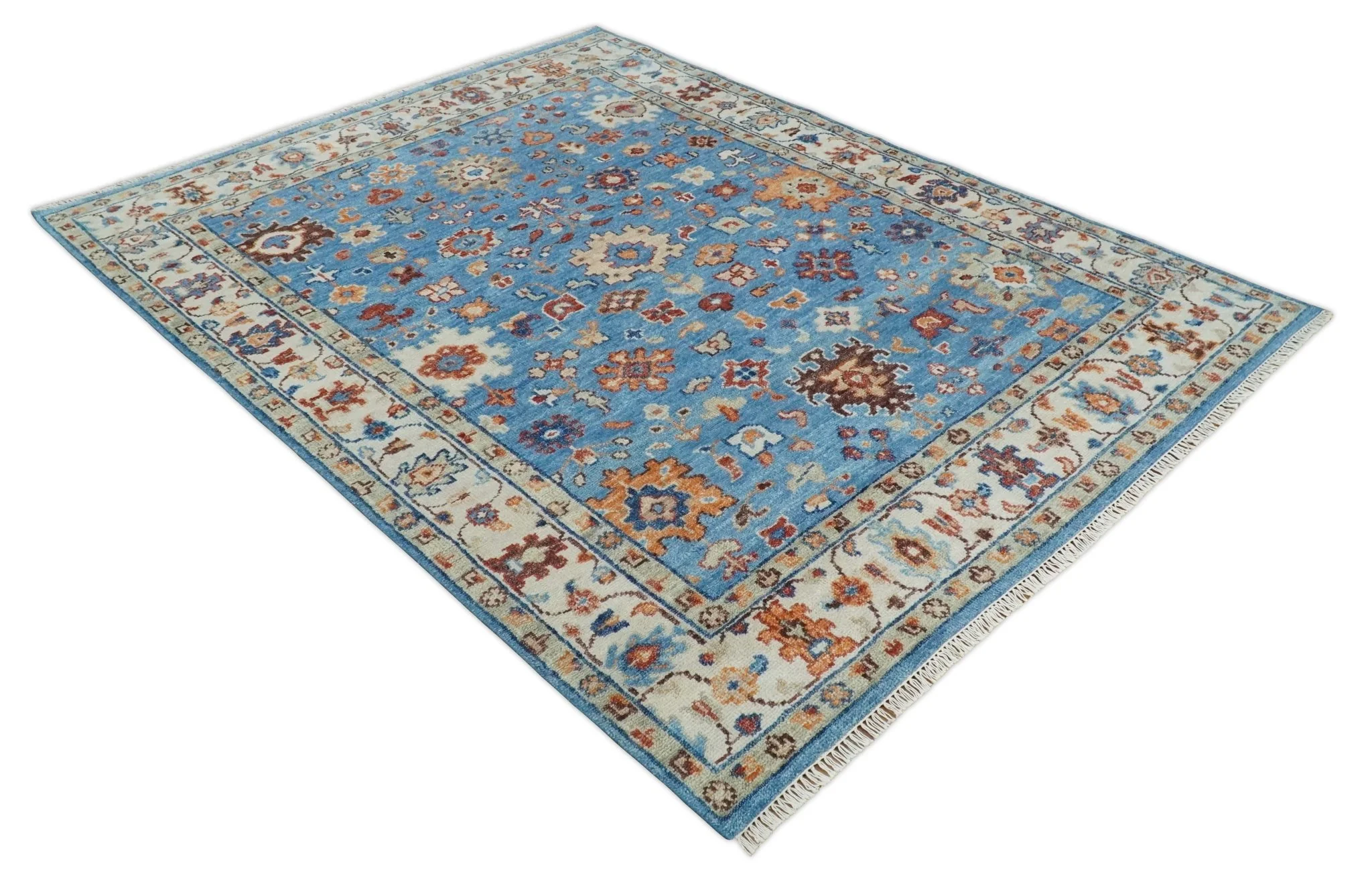 Custom Made Hand Knotted Blue and Ivory Traditional Turkish Oushak Design Wool Rug - Image 9