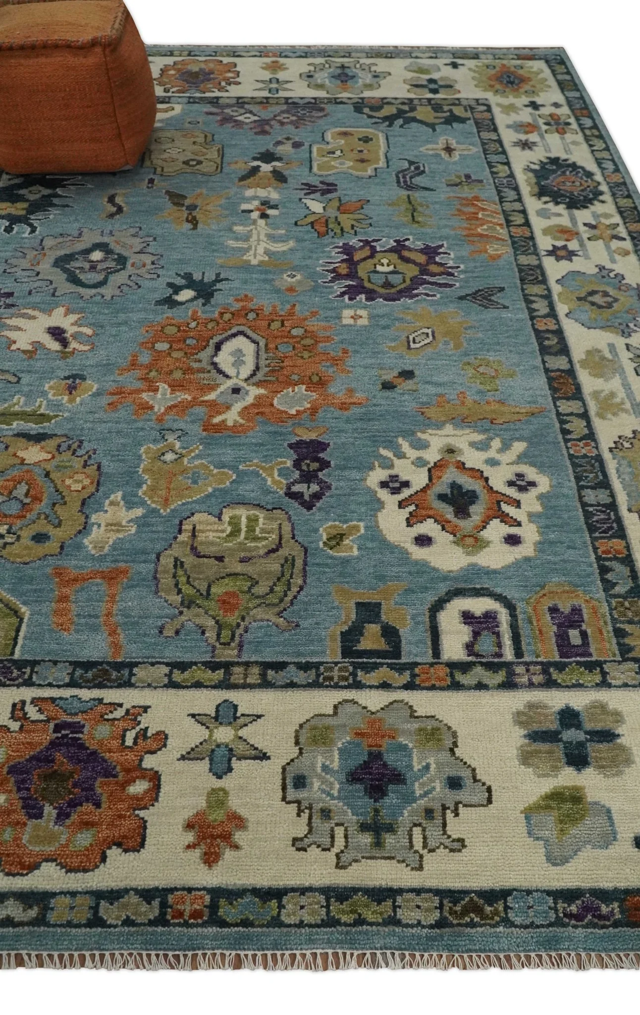 Oushak Hand Knotted Blue and Ivory Traditional Wool Multi Size wool Area Rug - Image 3