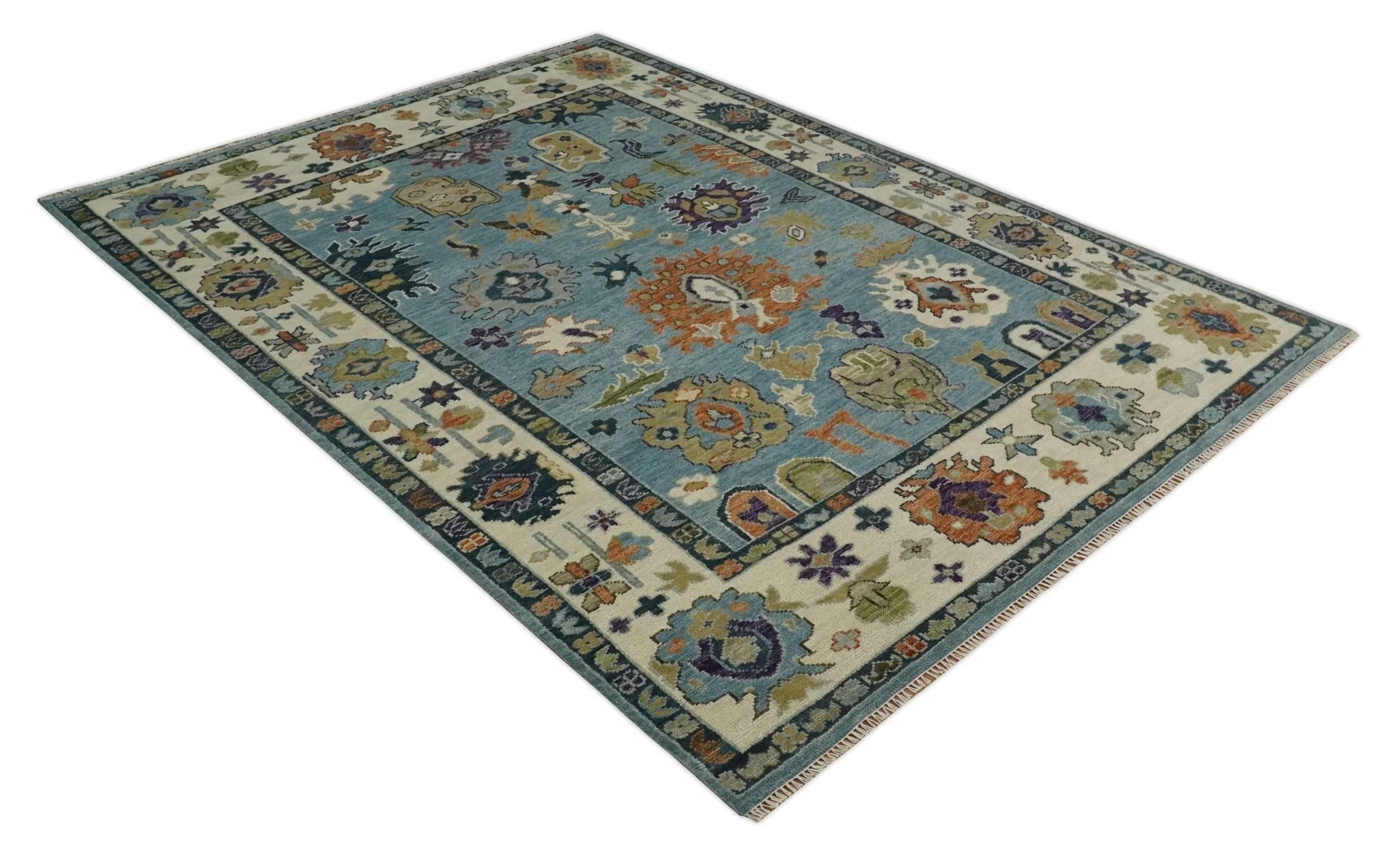 Oushak Hand Knotted Blue and Ivory Traditional Wool Multi Size wool Area Rug - Image 4