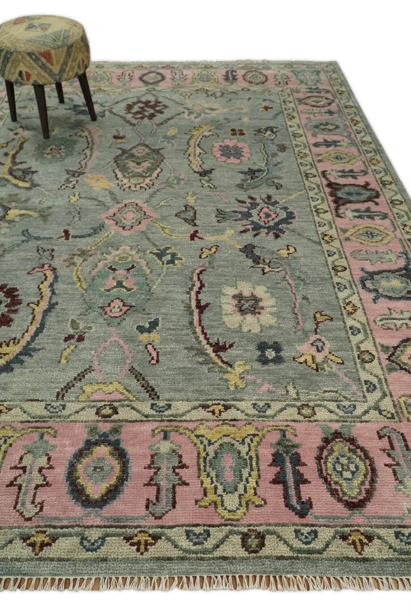 Ready to Ship Aqua and Pink Traditional Oushak Wool Area Rug - Image 3