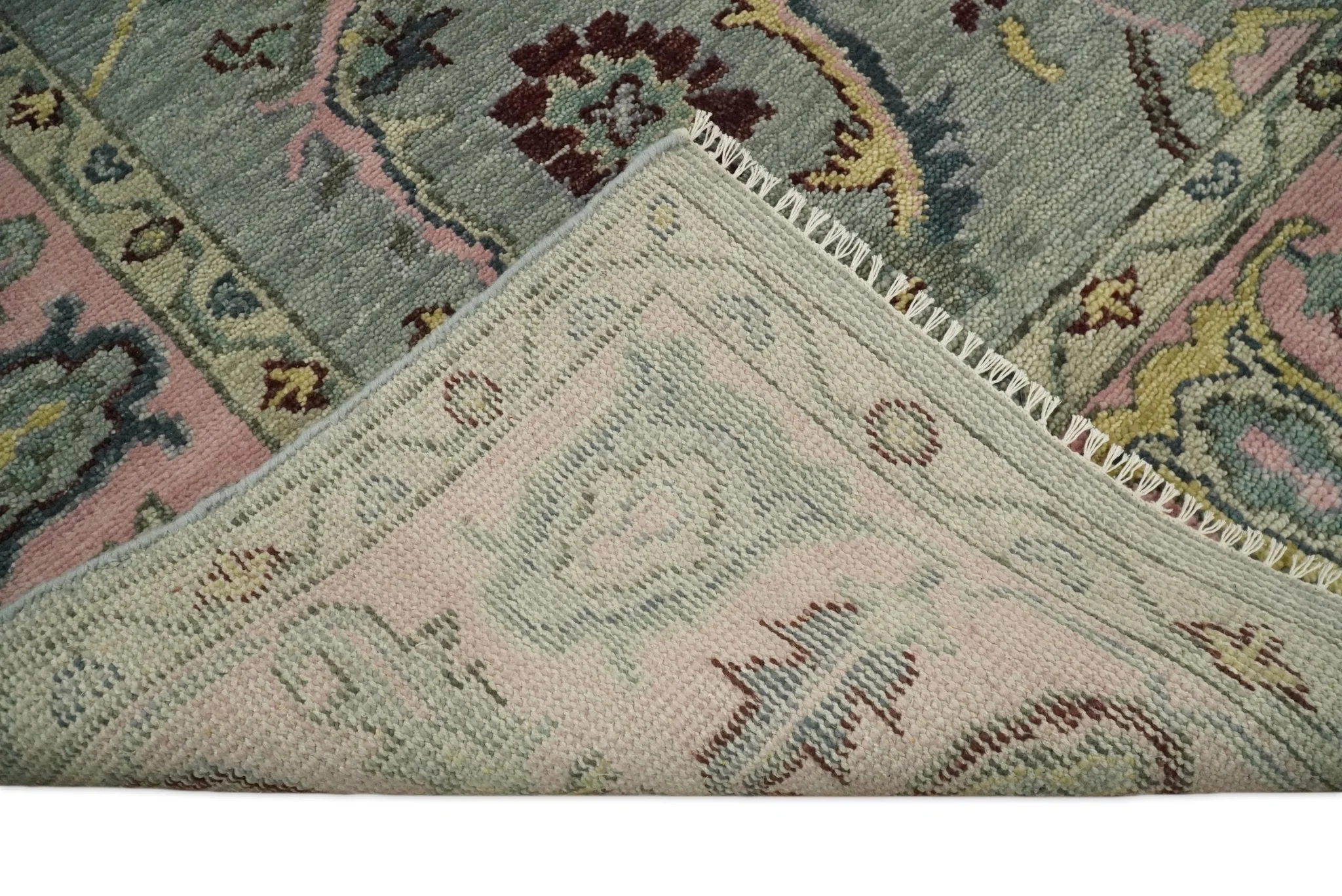 Ready to Ship Aqua and Pink Traditional Oushak Wool Area Rug - Image 5