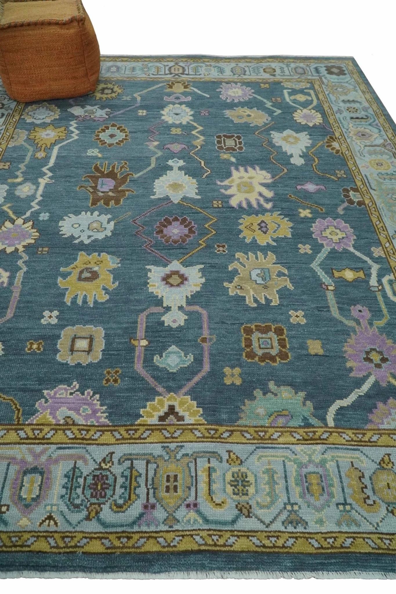 Hand Knotted Blue and Silver Vibrant colorful Oushak Wool Area Rug - Image 3