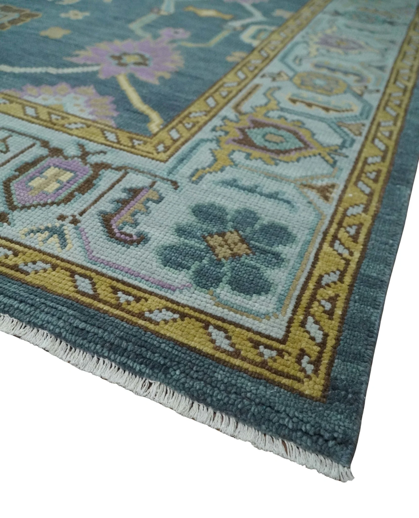 Hand Knotted Blue and Silver Vibrant colorful Oushak Wool Area Rug - Image 5