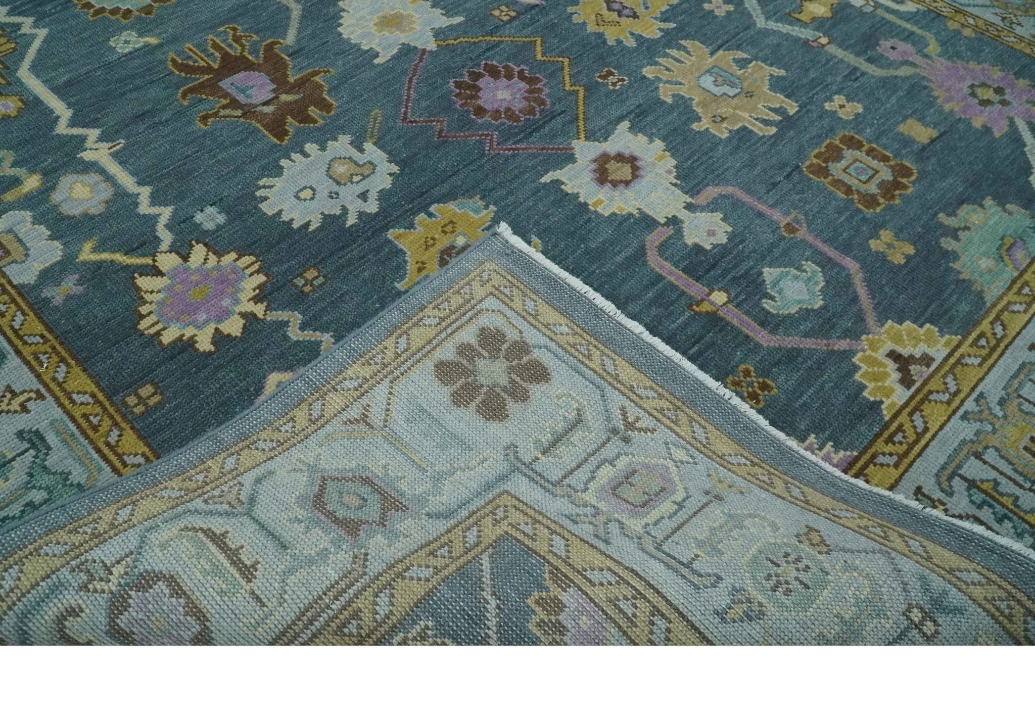 Hand Knotted Blue and Silver Vibrant colorful Oushak Wool Area Rug - Image 7
