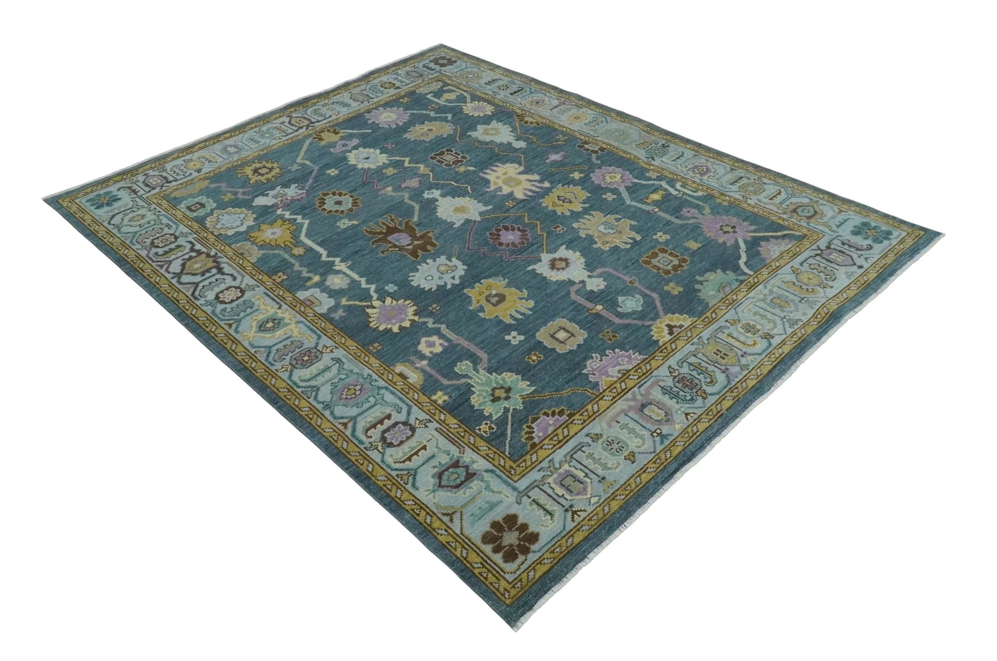 Hand Knotted Blue and Silver Vibrant colorful Oushak Wool Area Rug - Image 8