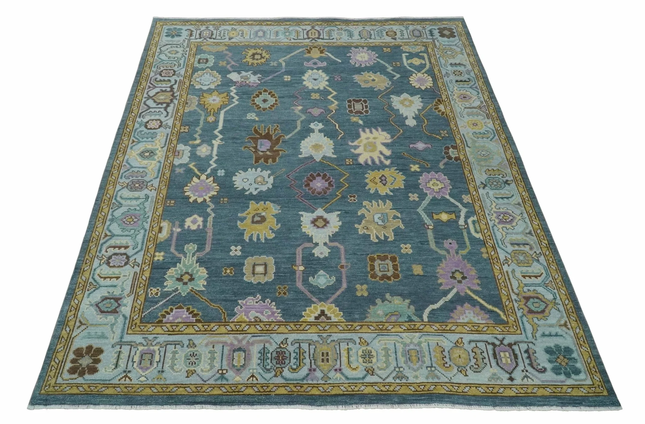 Hand Knotted Blue and Silver Vibrant colorful Oushak Wool Area Rug - Image 9