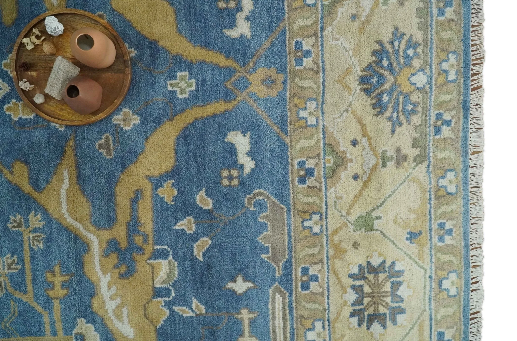 Hand Knotted Blue, Beige and Olive Oriental Oushak 8x10 Wool Area Rug - Image 10